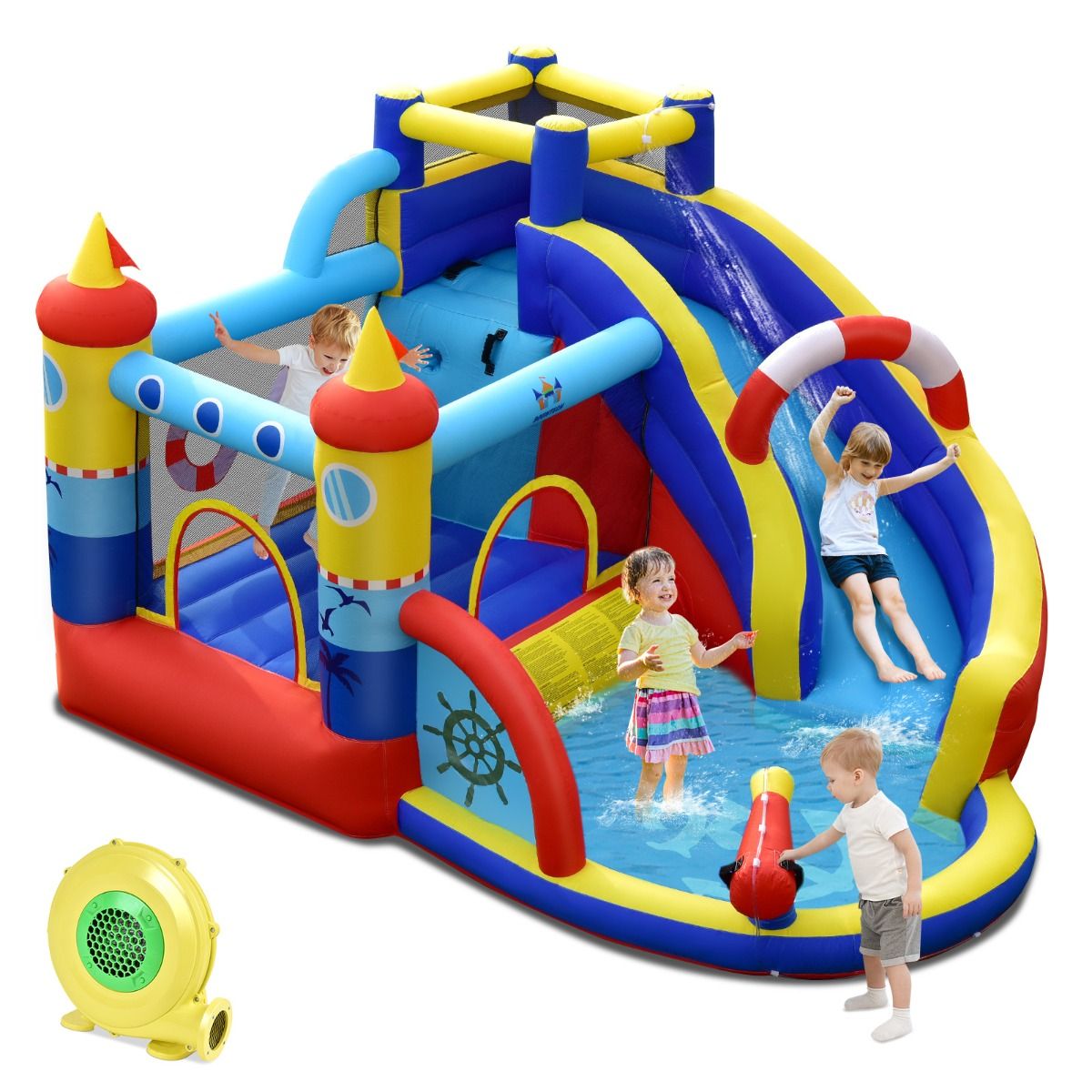 Boat Style Inflatable Castle with Curved Slide Jumping Zone Climbing Wall with 450 W Inflator -