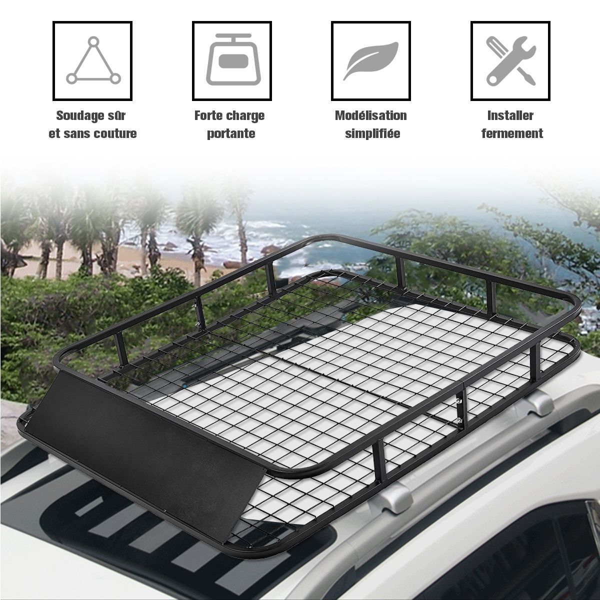 Roof Rack for Car in Metal 122.5x102CM with Air Deflector Capacity 75 KG Black Automotive Accessories -