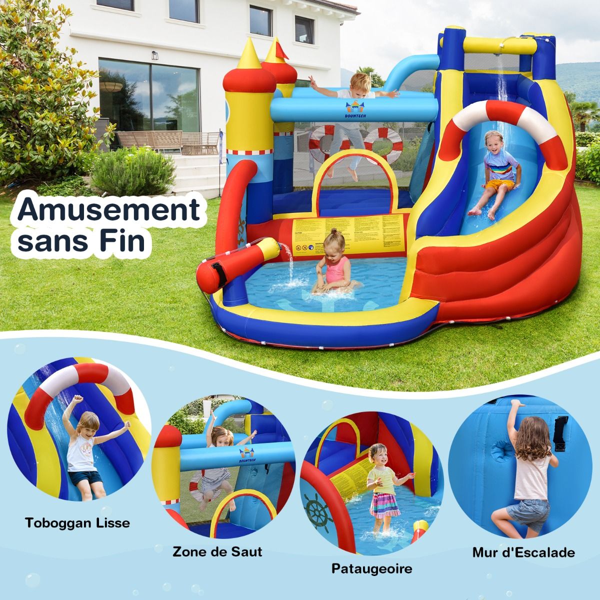 Boat Style Inflatable Castle with Curved Slide Jumping Zone Climbing Wall with 450 W Inflator -