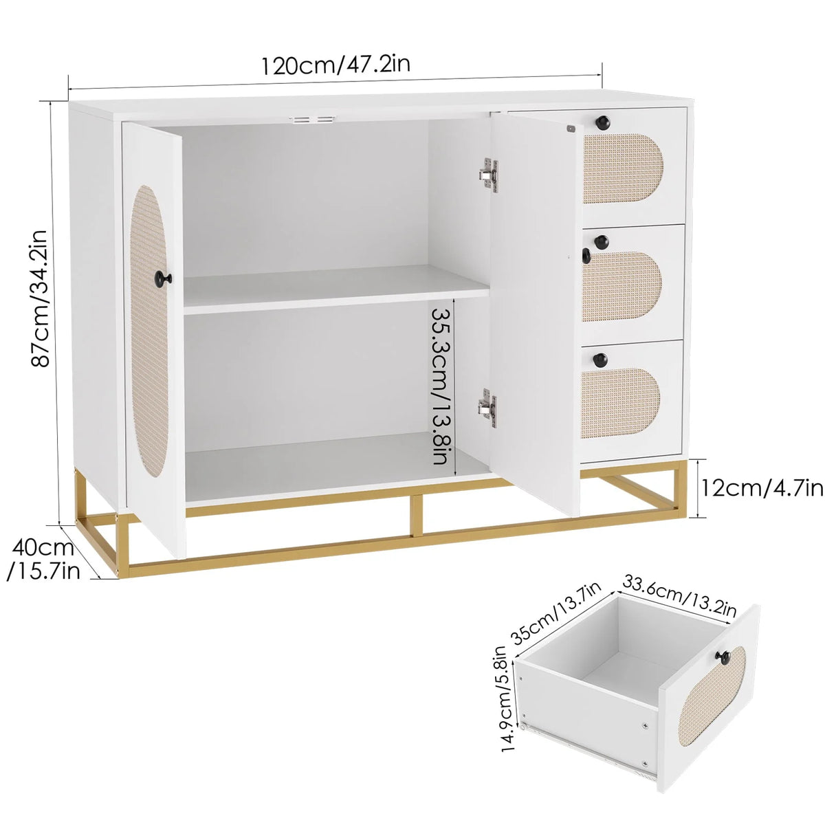 Homfa 3 Drawers Accent Storage Cabinet, 34.2"h Gold Buffet Sideboard with Rattan Doors for Living Room - Product image 3