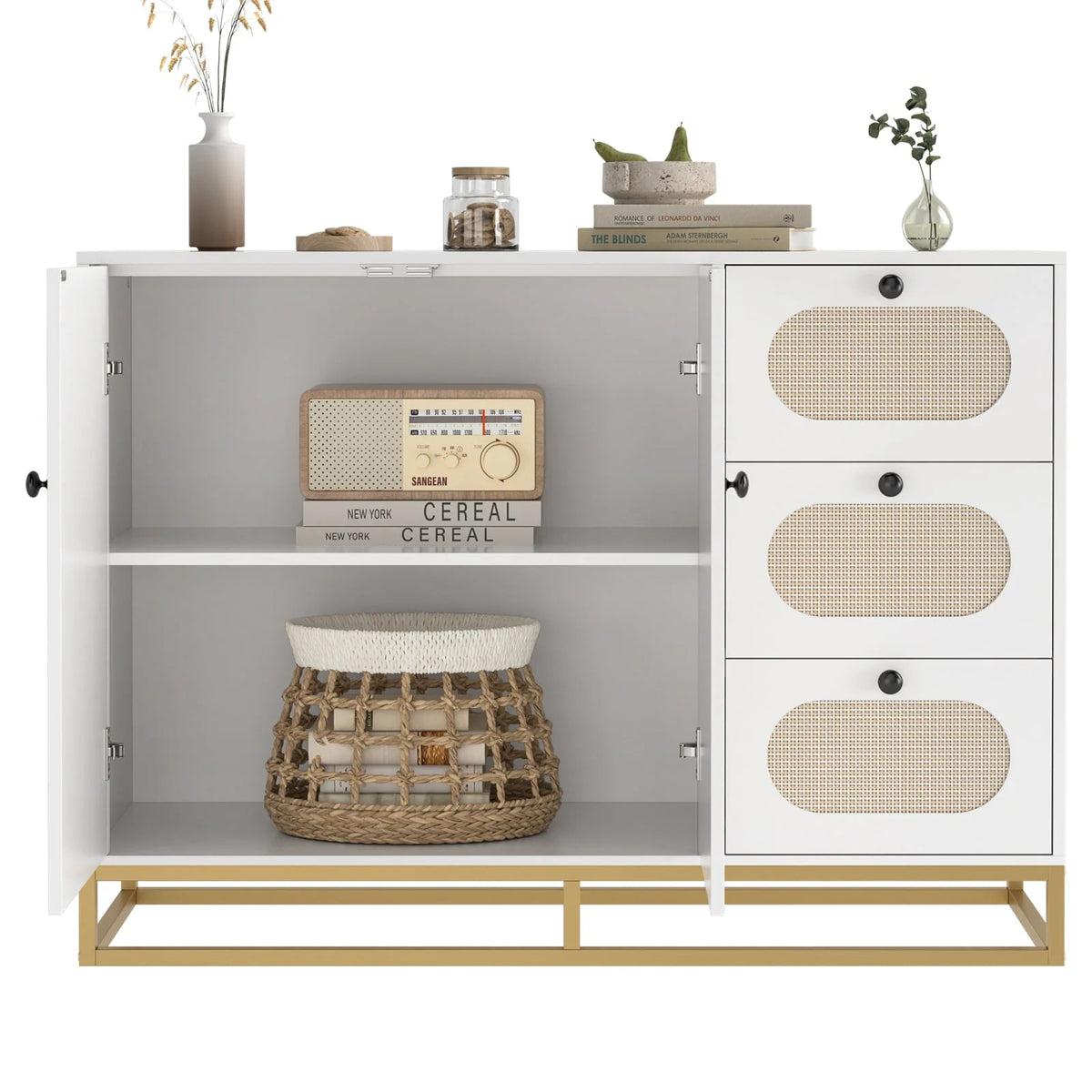 Homfa 3 Drawers Accent Storage Cabinet, 34.2"h Gold Buffet Sideboard with Rattan Doors for Living Room - Product image 7
