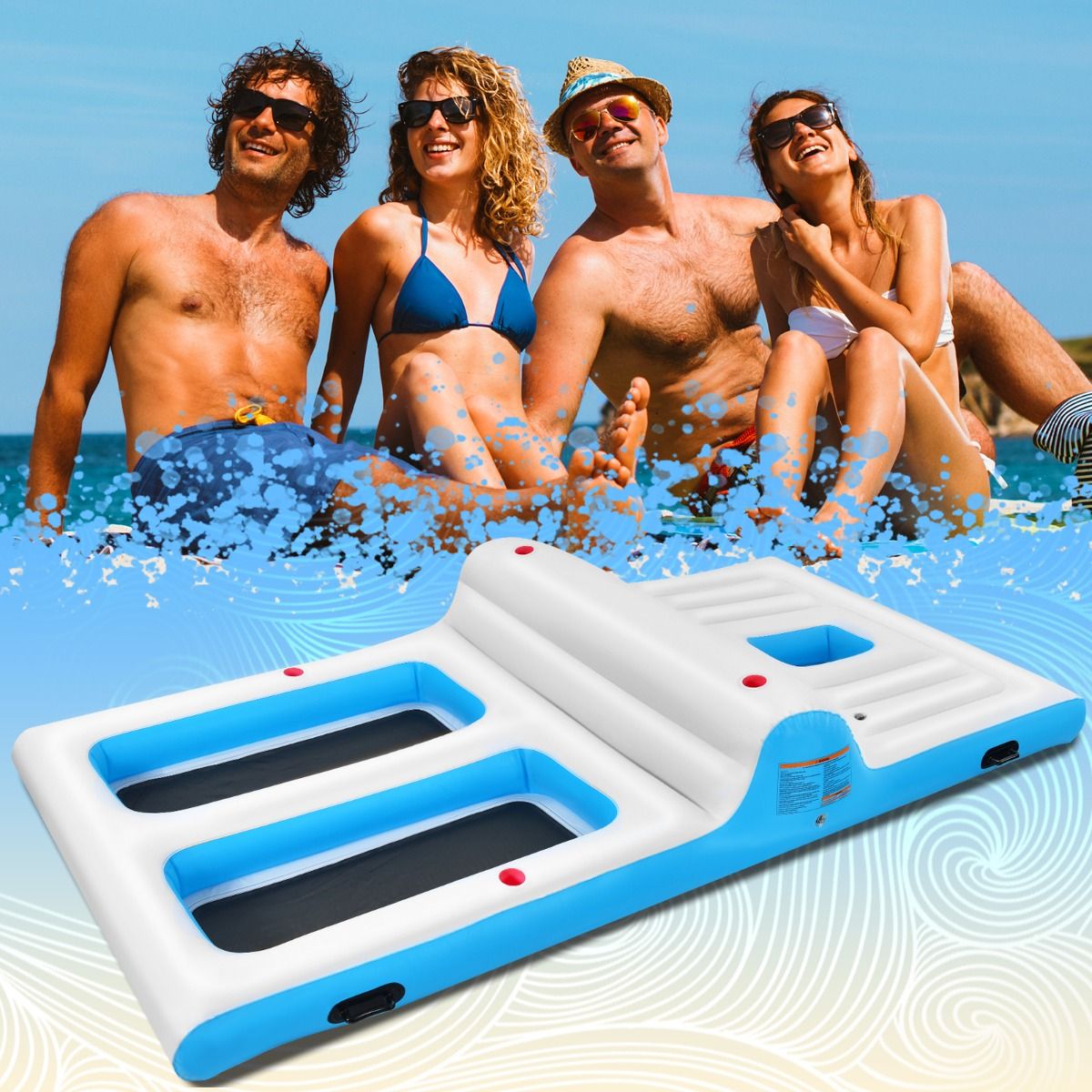 Inflatable Pool Island for 4 People with Pump Cooler Cup Holder 360 x 197 x 66cm -