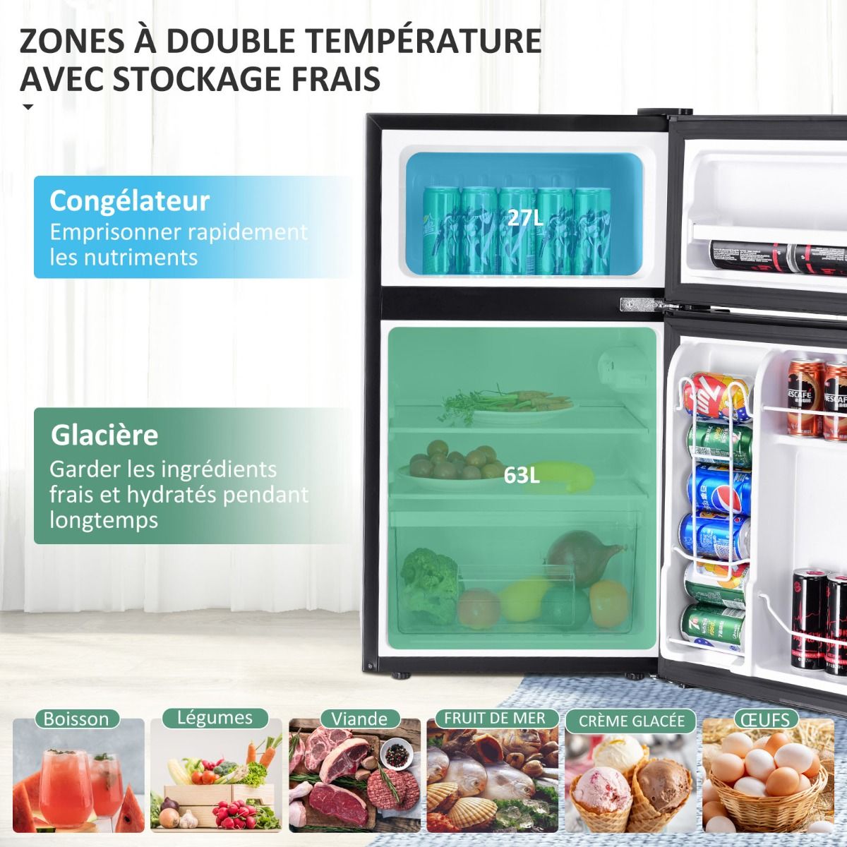 Compact Fridge Mini Fridge 90L Separate Freezer with 2 Door Design Quiet Operation White/Grey/Black -