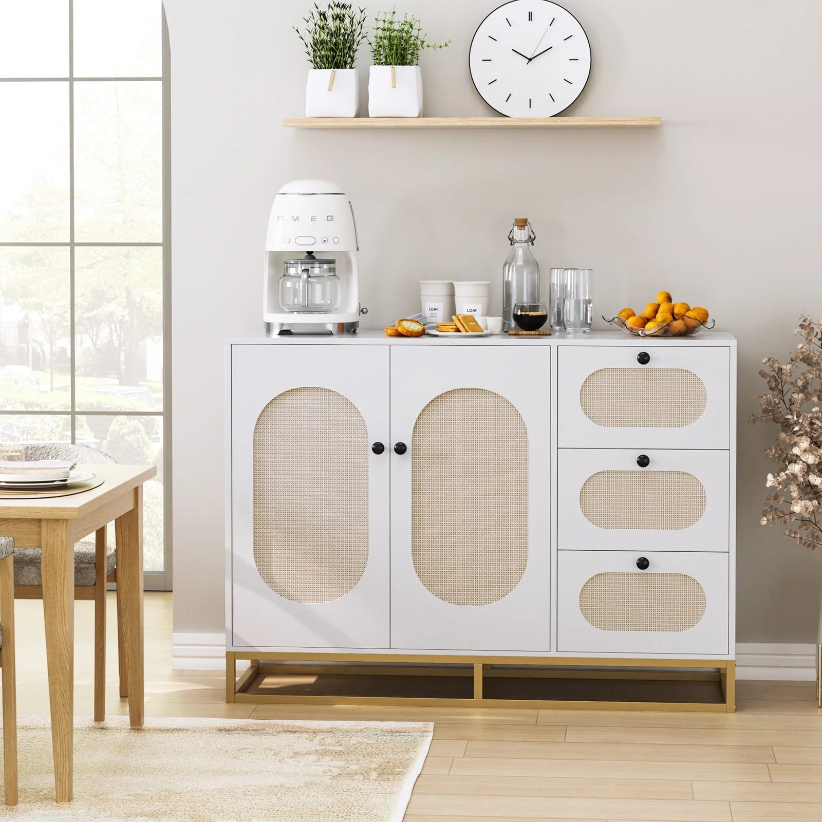Homfa 3 Drawers Accent Storage Cabinet, 34.2"h Gold Buffet Sideboard with Rattan Doors for Living Room - Product image 5