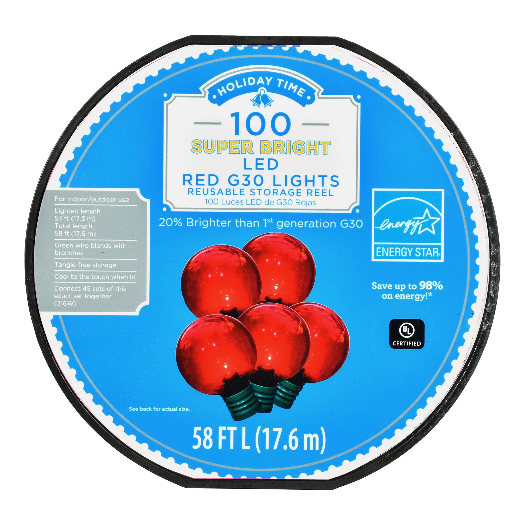 Holiday Time 57 ft, 100 Count Red LED Super Bright G30 Christmas Lights