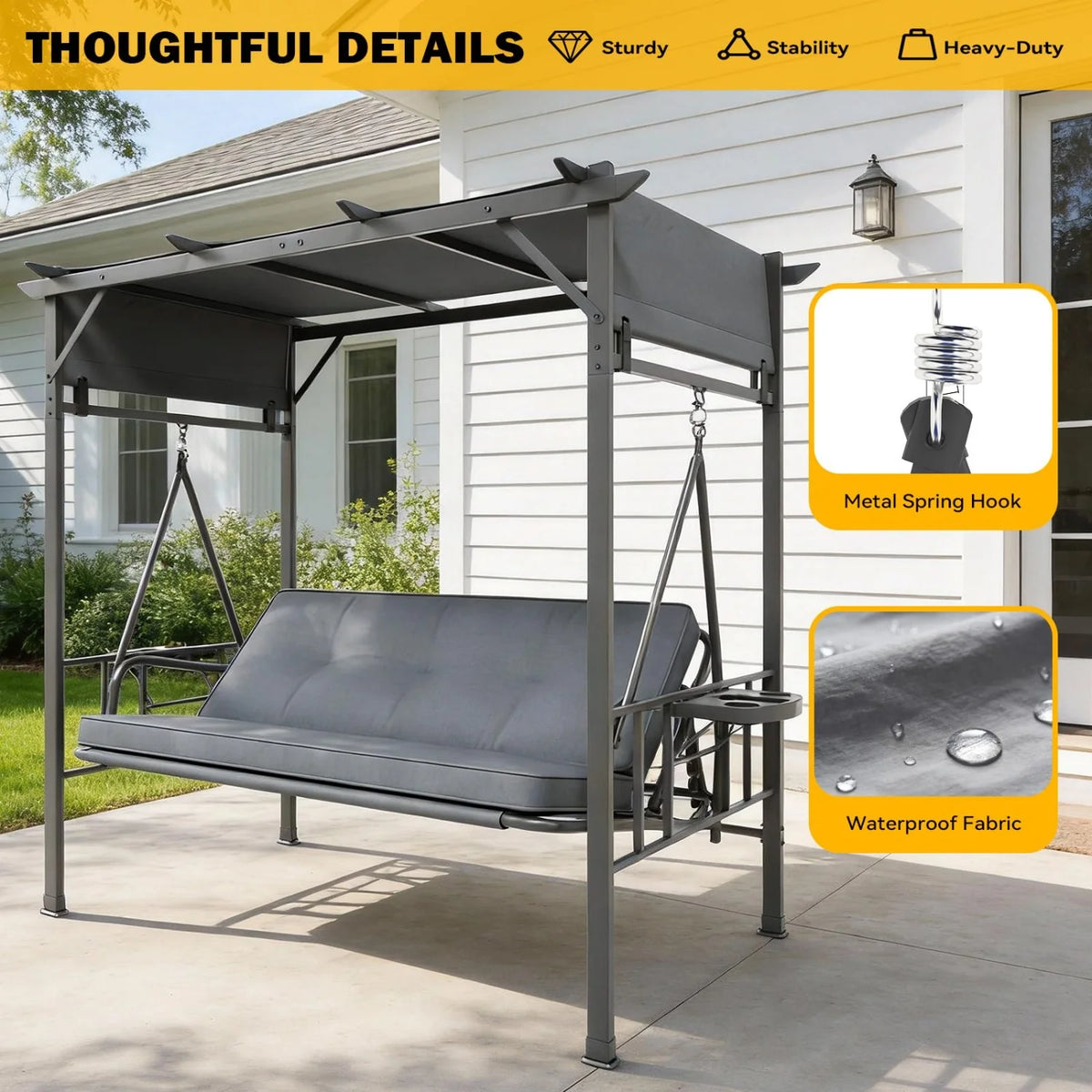 AECOJOY 2-in-1 Convertible Porch Swing Bed 3 Seat, Outdoor Patio Metal Pergola Swing - Product image 6