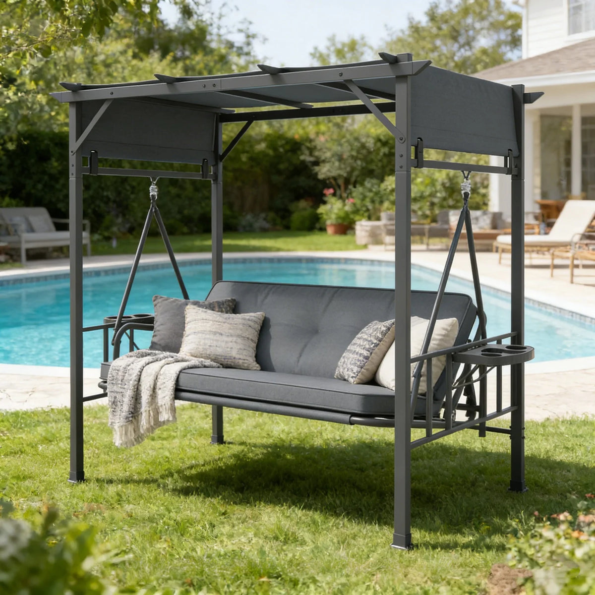 AECOJOY 2-in-1 Convertible Porch Swing Bed 3 Seat, Outdoor Patio Metal Pergola Swing - Product image 4