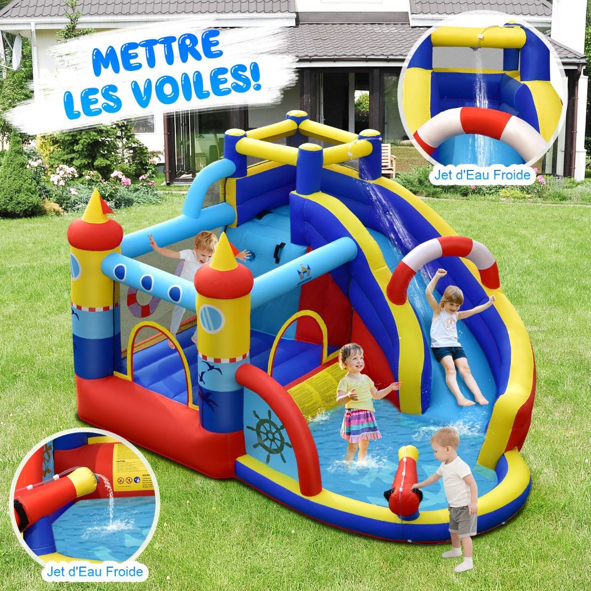Boat Style Inflatable Castle with Curved Slide Jumping Zone Climbing Wall with 450 W Inflator -