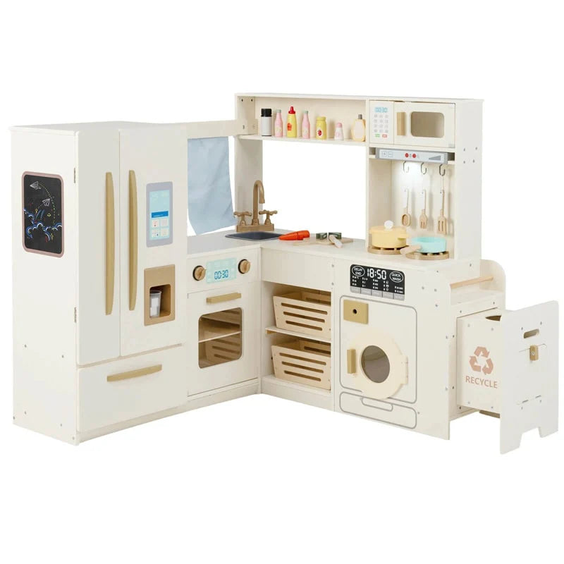 Corner Kids Kitchen Playset with Trash Can, Real Lights & Sounds, 2-Door Fridge, 22 Accessories - Product image 1