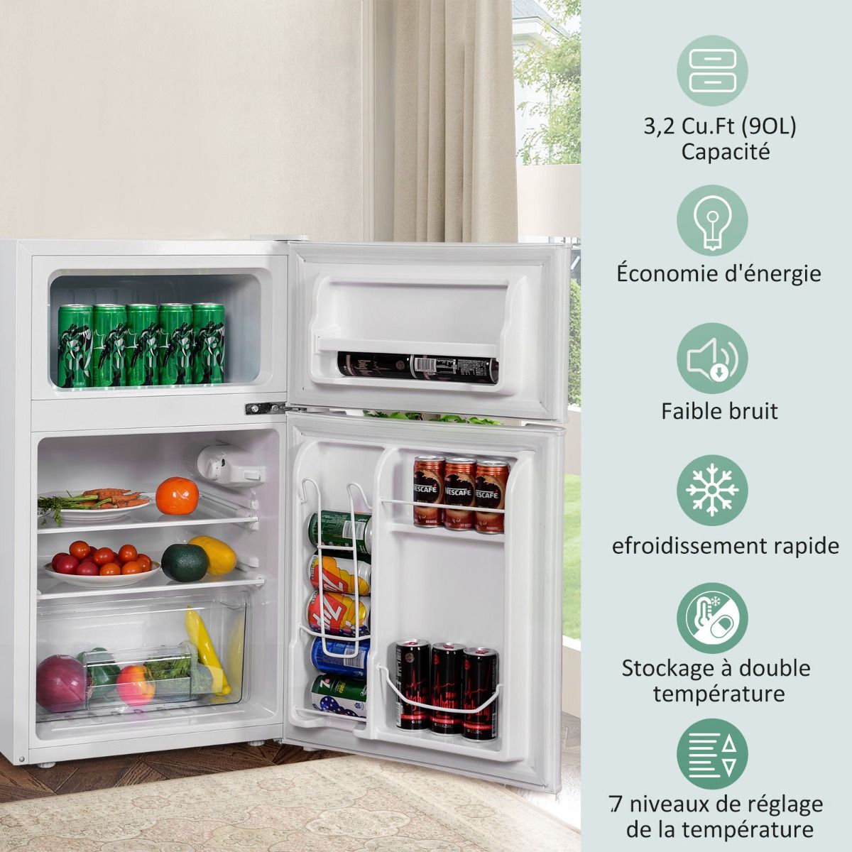 Compact Fridge Mini Fridge 90L Separate Freezer with 2 Door Design Quiet Operation White/Grey/Black -