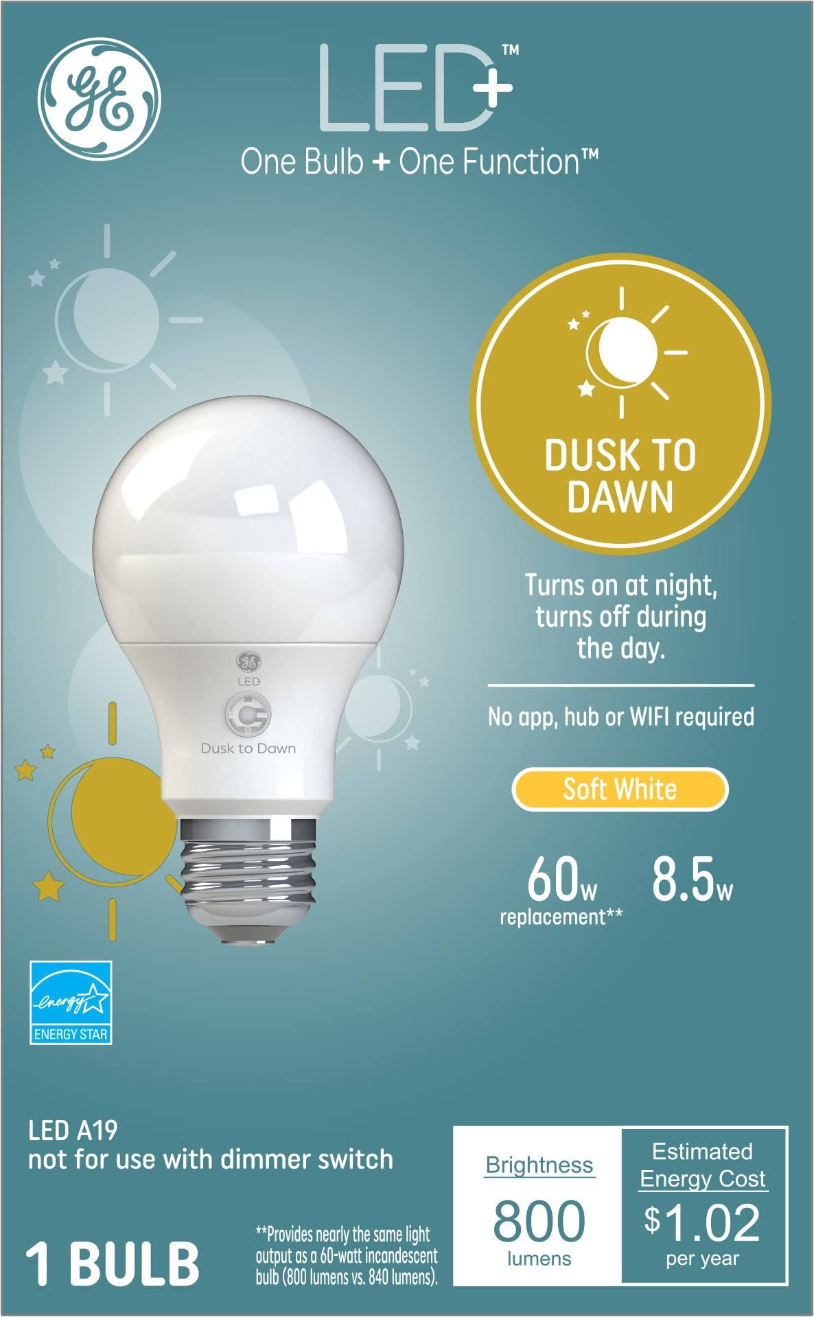 Ge Light Bulb, LED+, Dusk to Dawn Soft White, 8.5 Watts - Product image 1