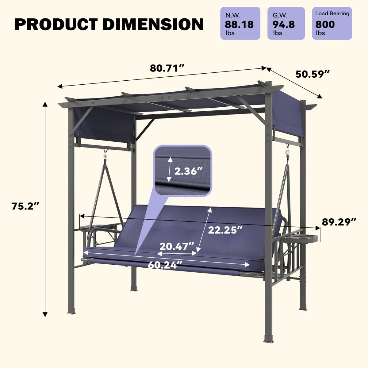 AECOJOY 2-in-1 Convertible Porch Swing Bed 3 Seat, Outdoor Patio Metal Pergola Swing - Product image 14