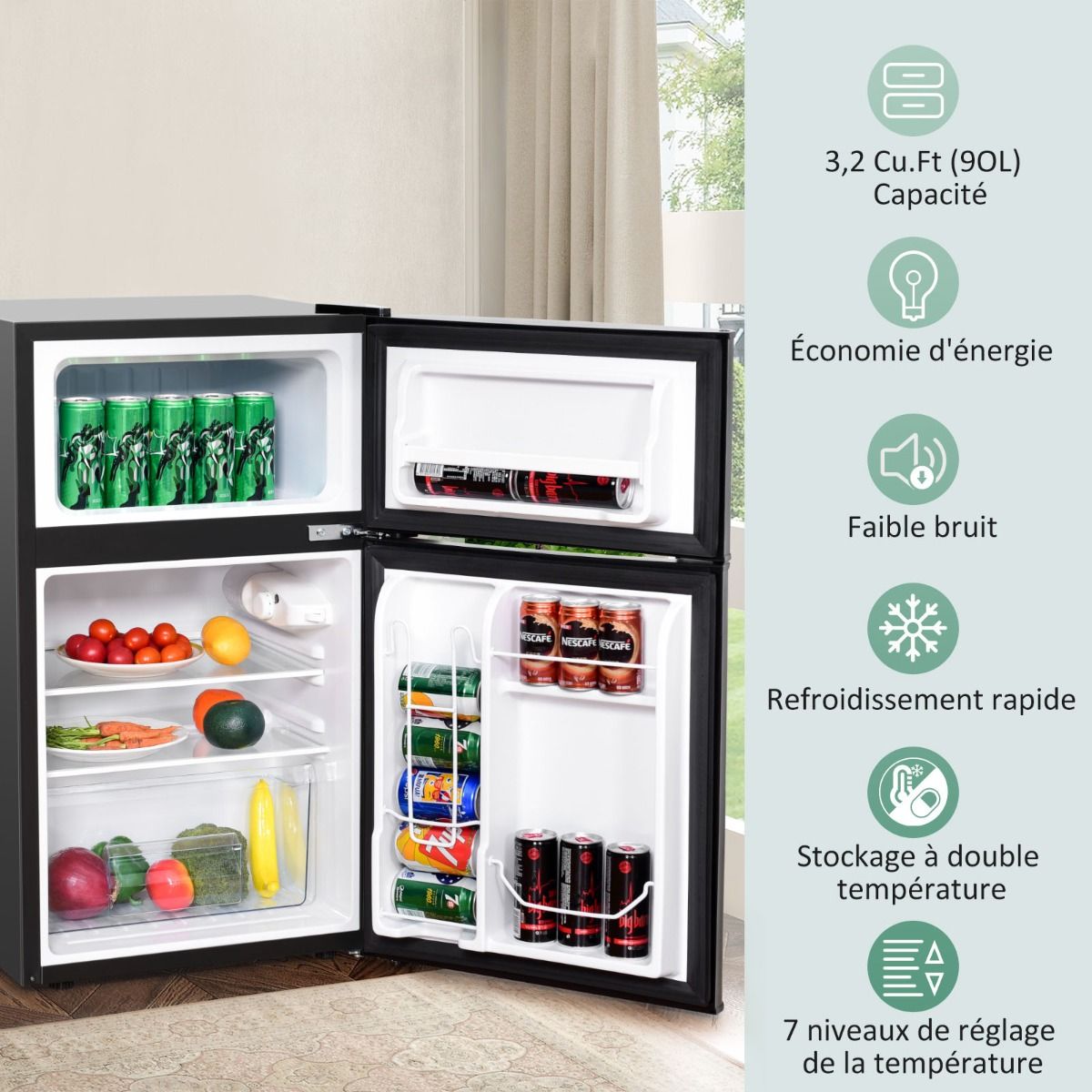 Compact Fridge Mini Fridge 90L Separate Freezer with 2 Door Design Quiet Operation White/Grey/Black -