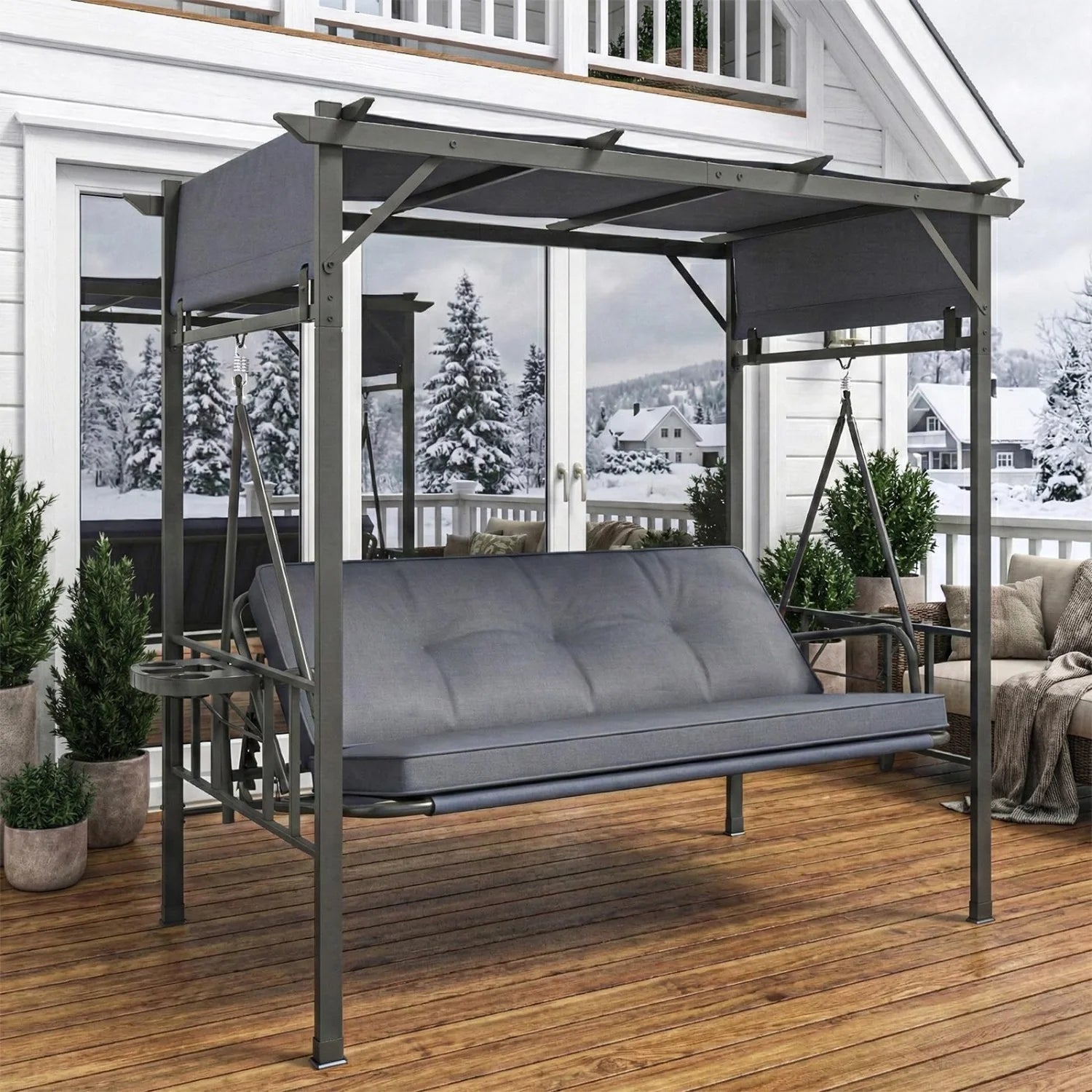 AECOJOY 2-in-1 Convertible Porch Swing Bed 3 Seat, Outdoor Patio Metal Pergola Swing - Product image 11