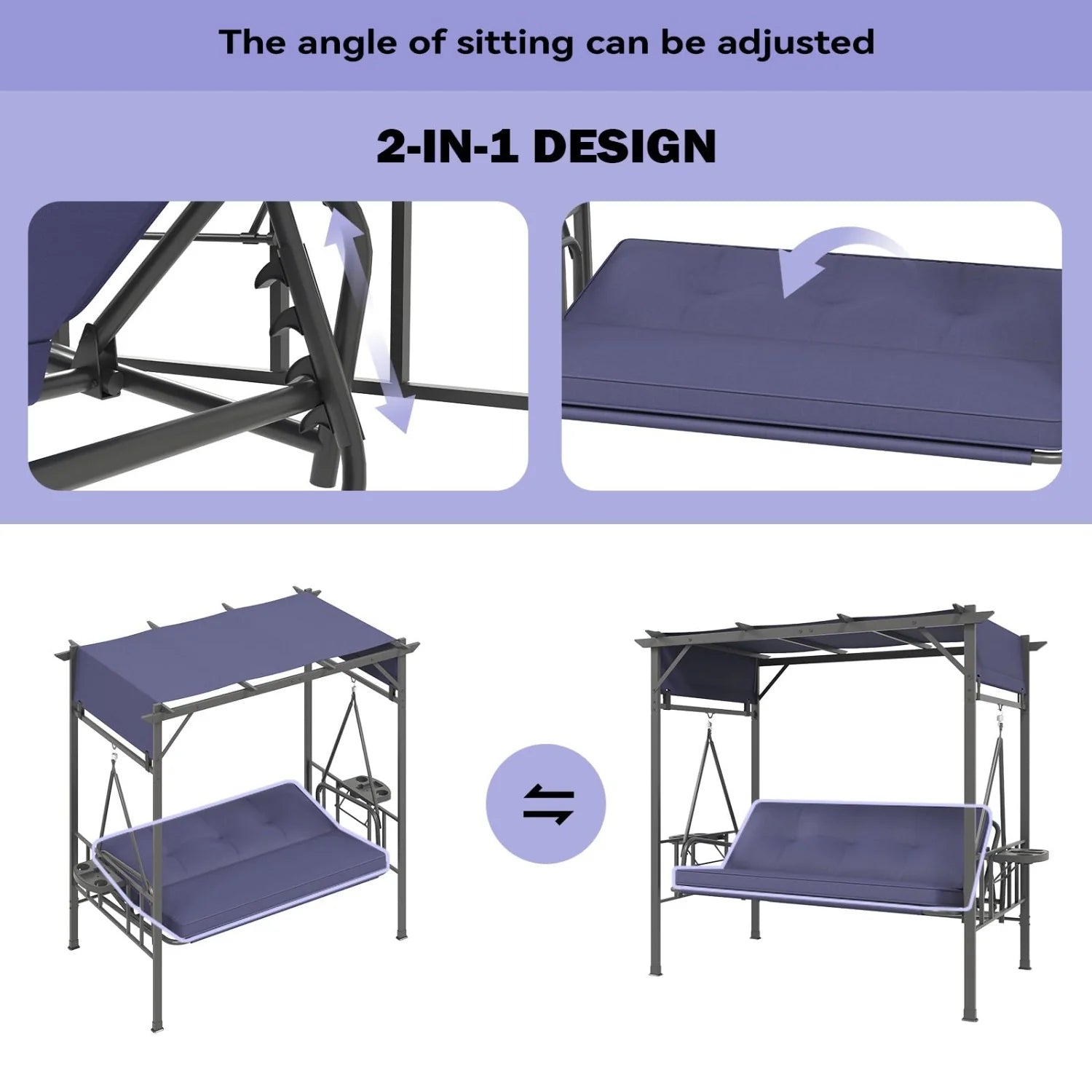 AECOJOY 2-in-1 Convertible Porch Swing Bed 3 Seat, Outdoor Patio Metal Pergola Swing - Product image 16