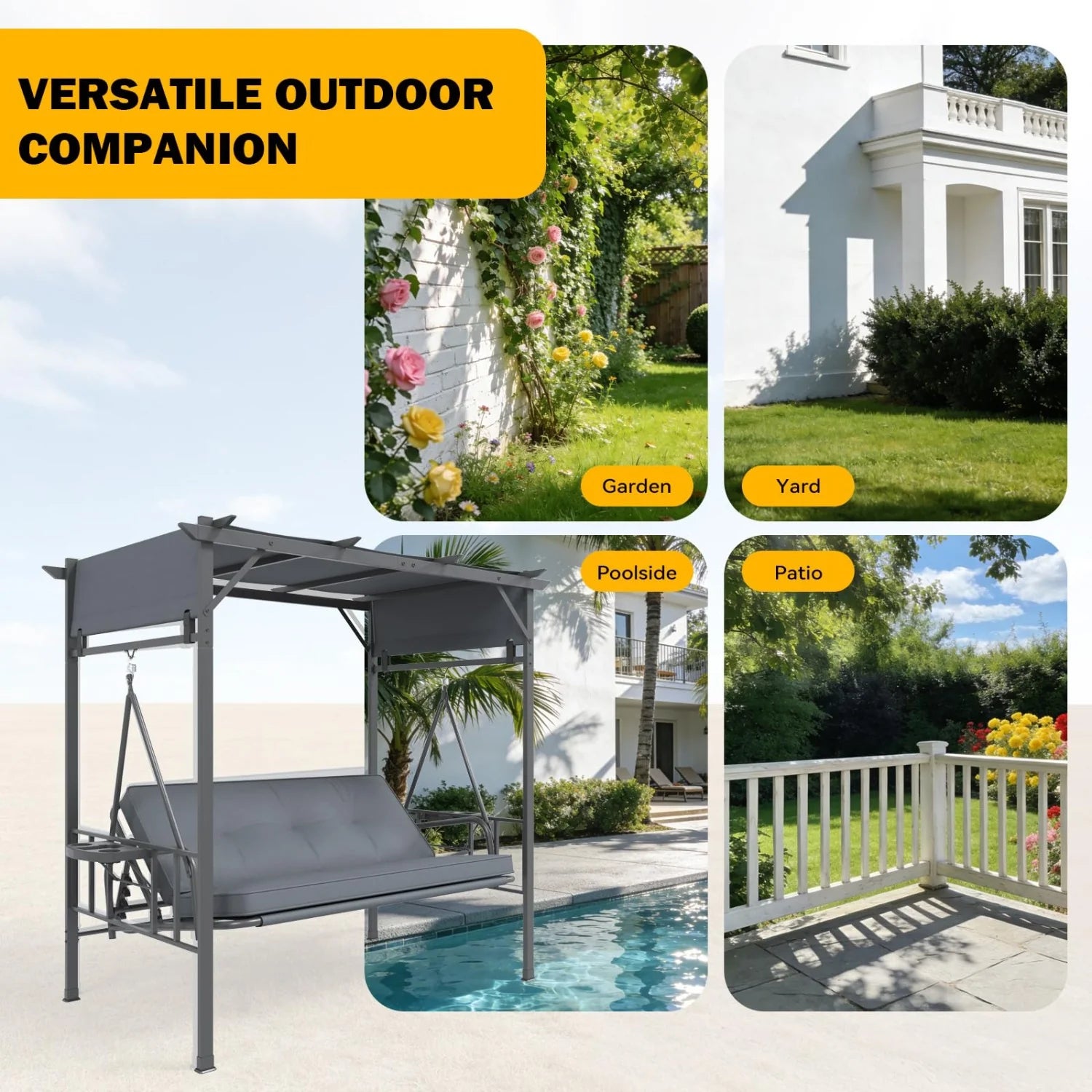 AECOJOY 2-in-1 Convertible Porch Swing Bed 3 Seat, Outdoor Patio Metal Pergola Swing - Product image 8