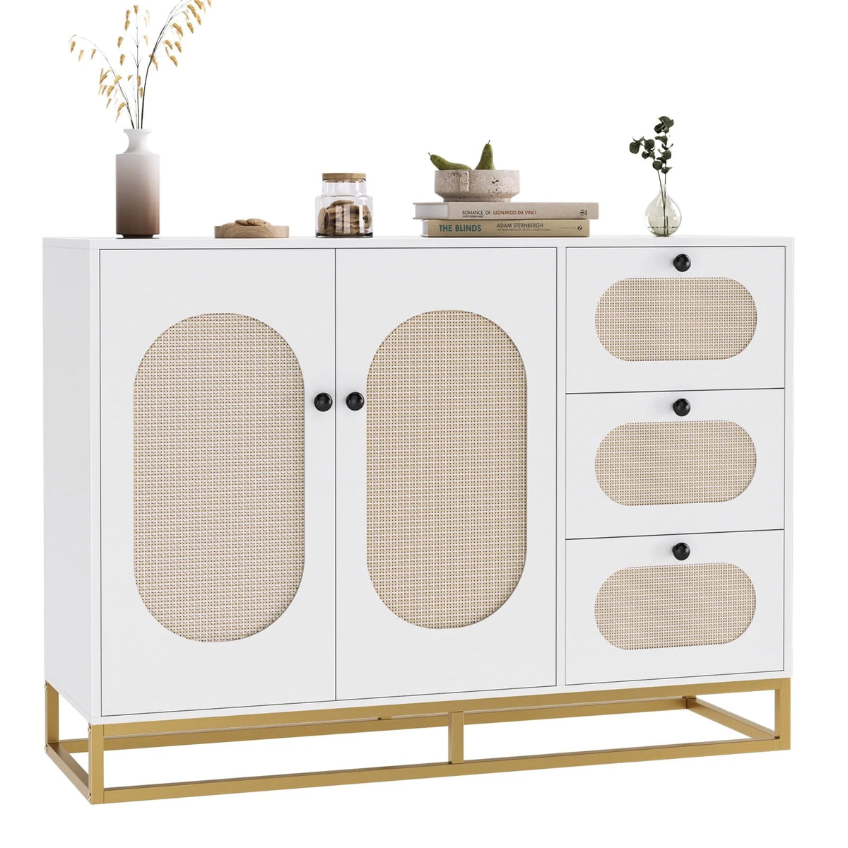 Homfa 3 Drawers Accent Storage Cabinet, 34.2"h Gold Buffet Sideboard with Rattan Doors for Living Room - Product image 1