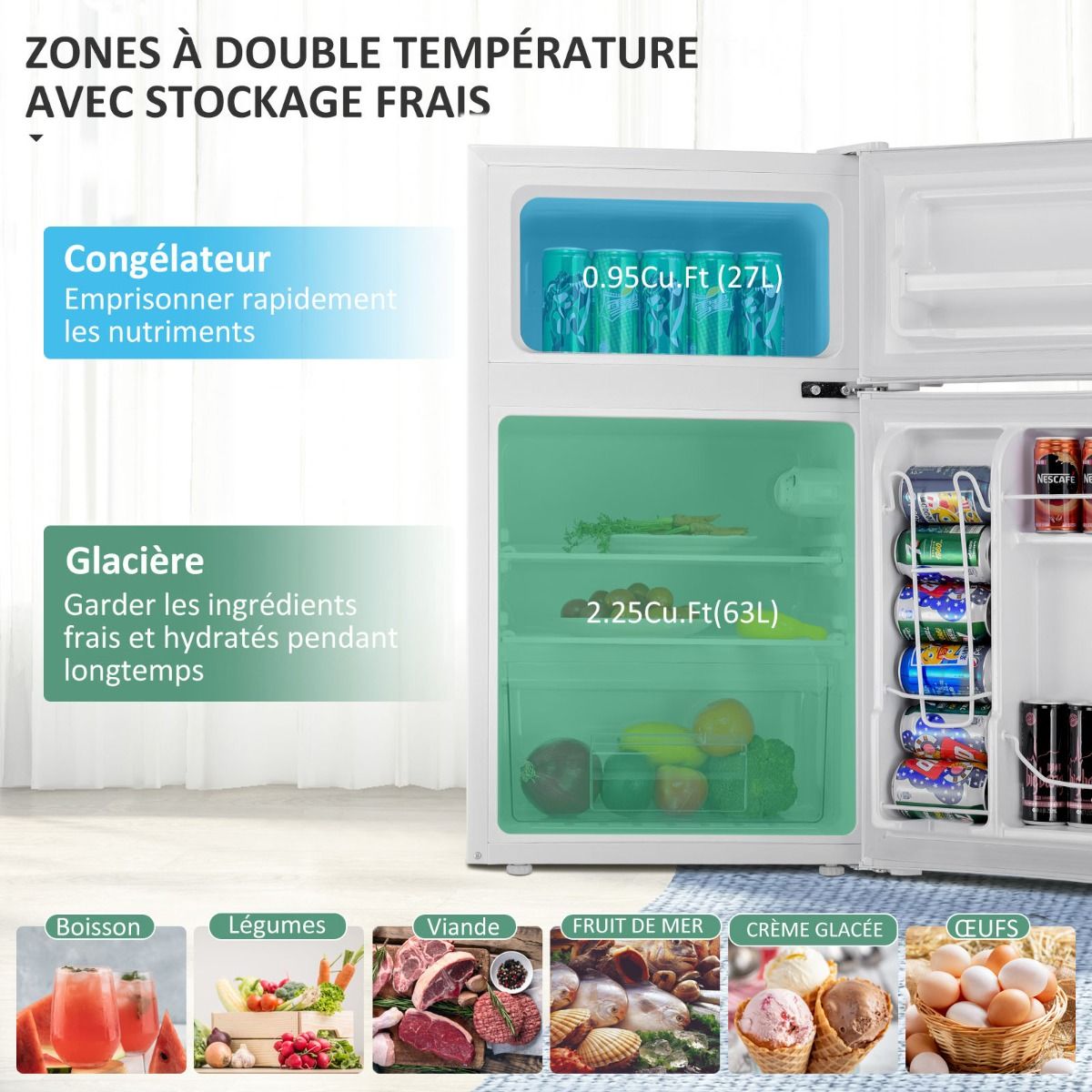 Compact Fridge Mini Fridge 90L Separate Freezer with 2 Door Design Quiet Operation White/Grey/Black -