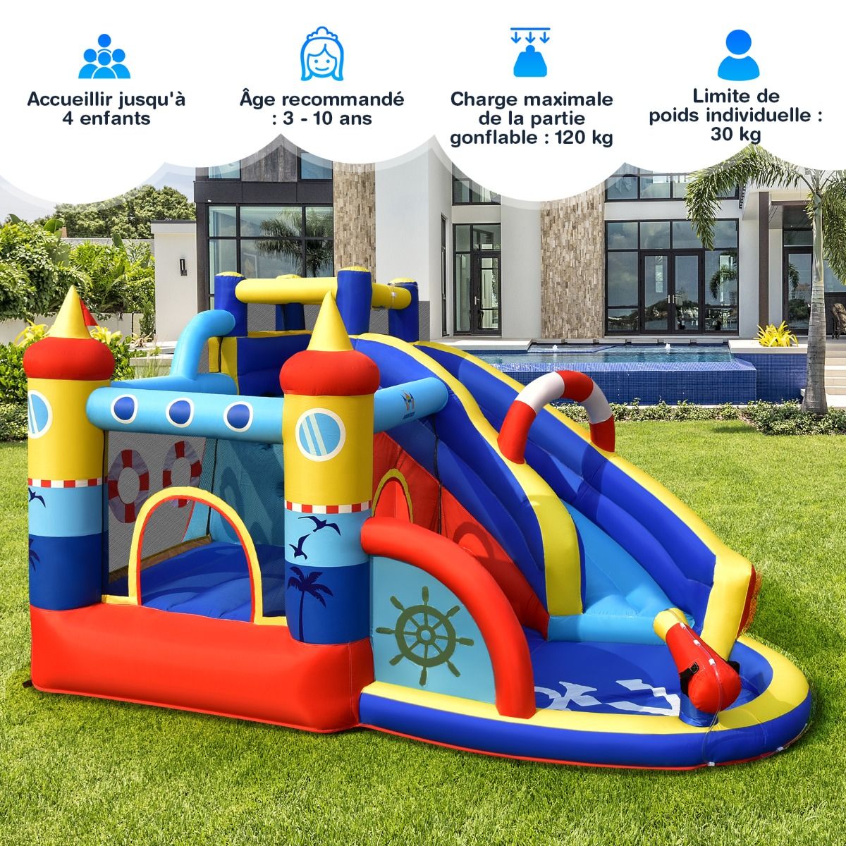 Boat Style Inflatable Castle with Curved Slide Jumping Zone Climbing Wall with 450 W Inflator -