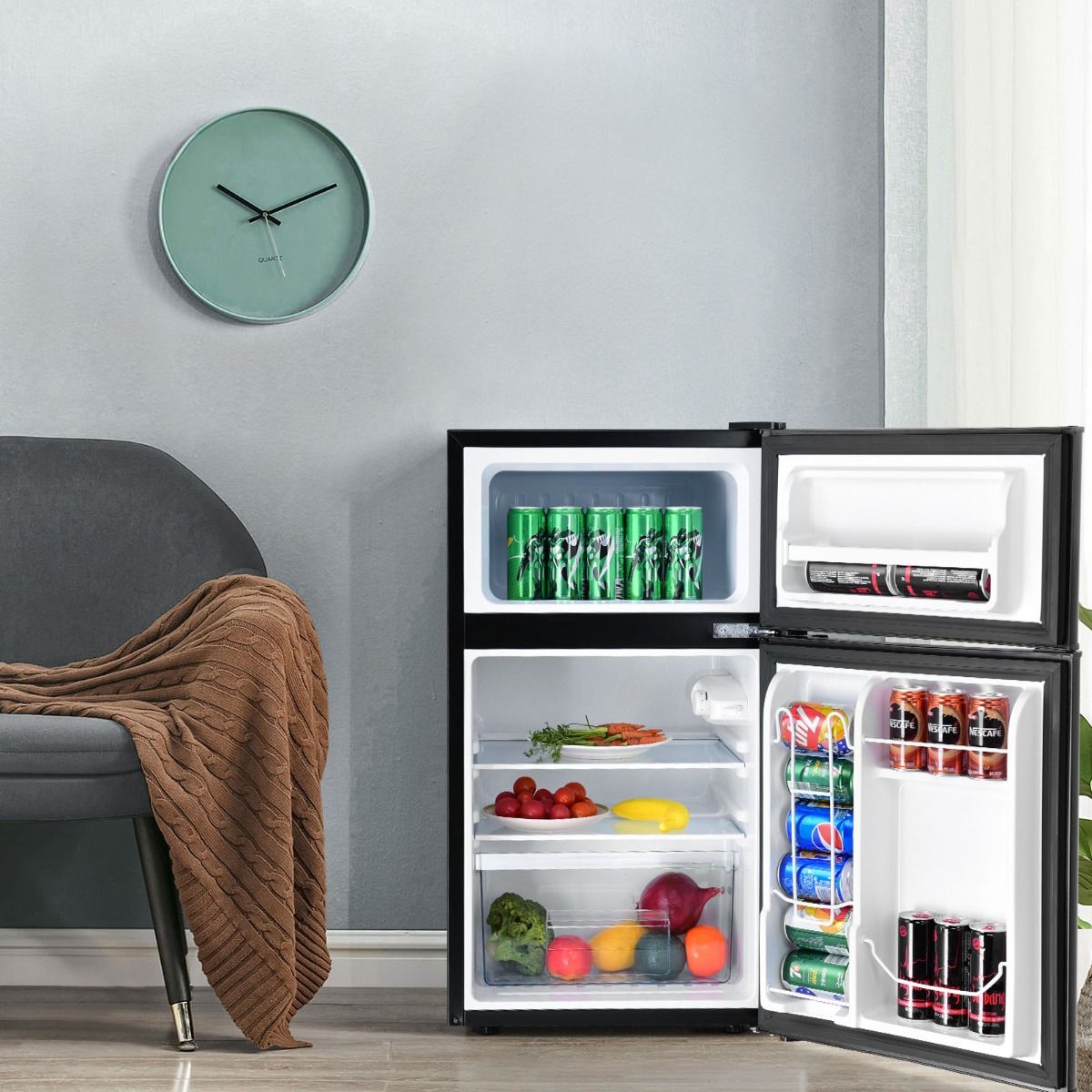 Compact Fridge Mini Fridge 90L Separate Freezer with 2 Door Design Quiet Operation White/Grey/Black -
