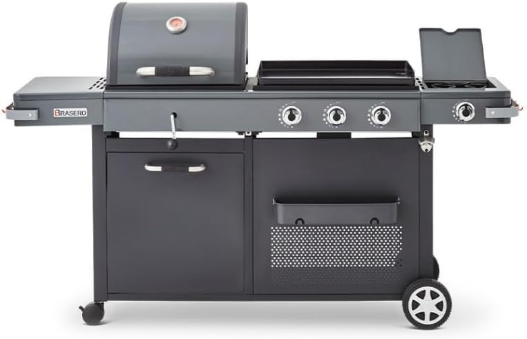 BRASERO - Bi-Energy Gun Metal XL Barbecue - Charcoal Barbecue and Plancha 60 x 42 cm Gas Barbecue with Side Burner -12.95 KW
