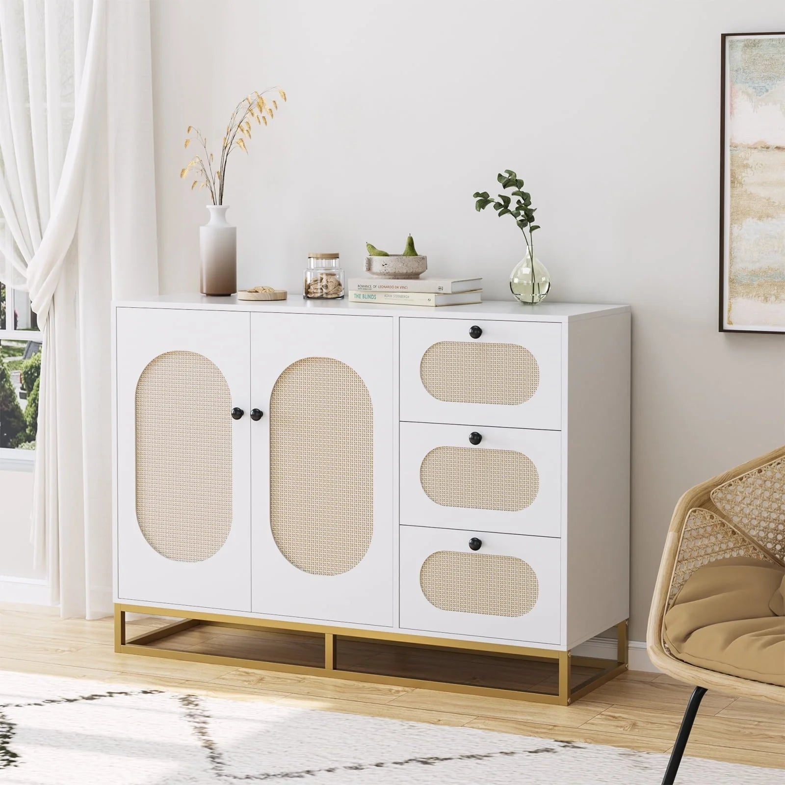 Homfa 3 Drawers Accent Storage Cabinet, 34.2"h Gold Buffet Sideboard with Rattan Doors for Living Room - Product image 2