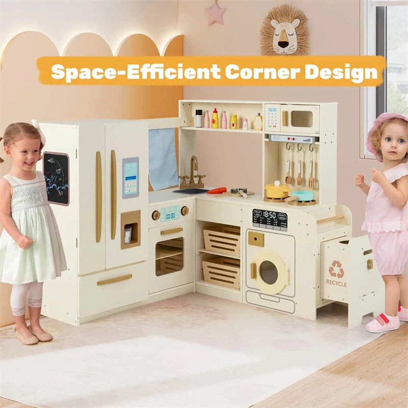 Corner Kids Kitchen Playset with Trash Can, Real Lights & Sounds, 2-Door Fridge, 22 Accessories - Product image 2