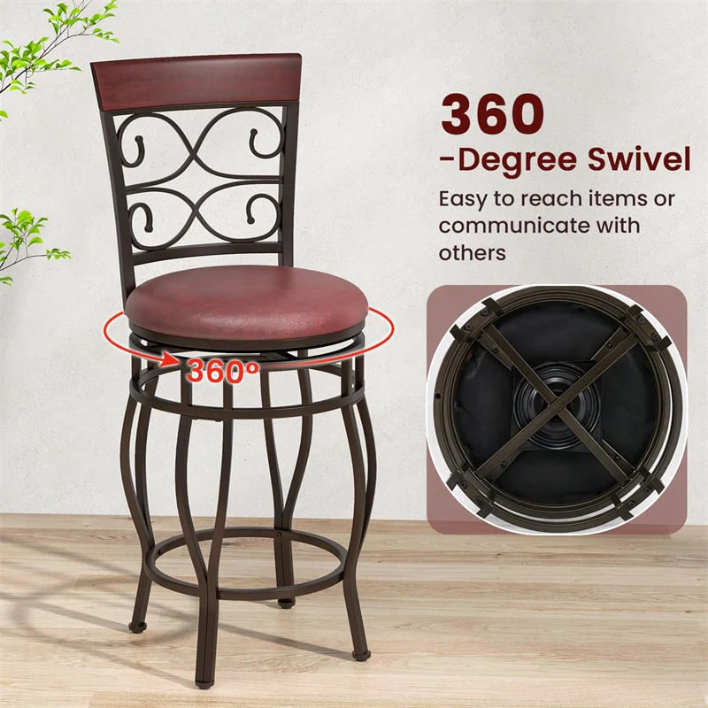 26" Vintage Swivel Bar Stools Set of 2, Counter Height Metal Barstools with Back & Upholstered PU Leather Padded Seat for Pub, Kitchen Island