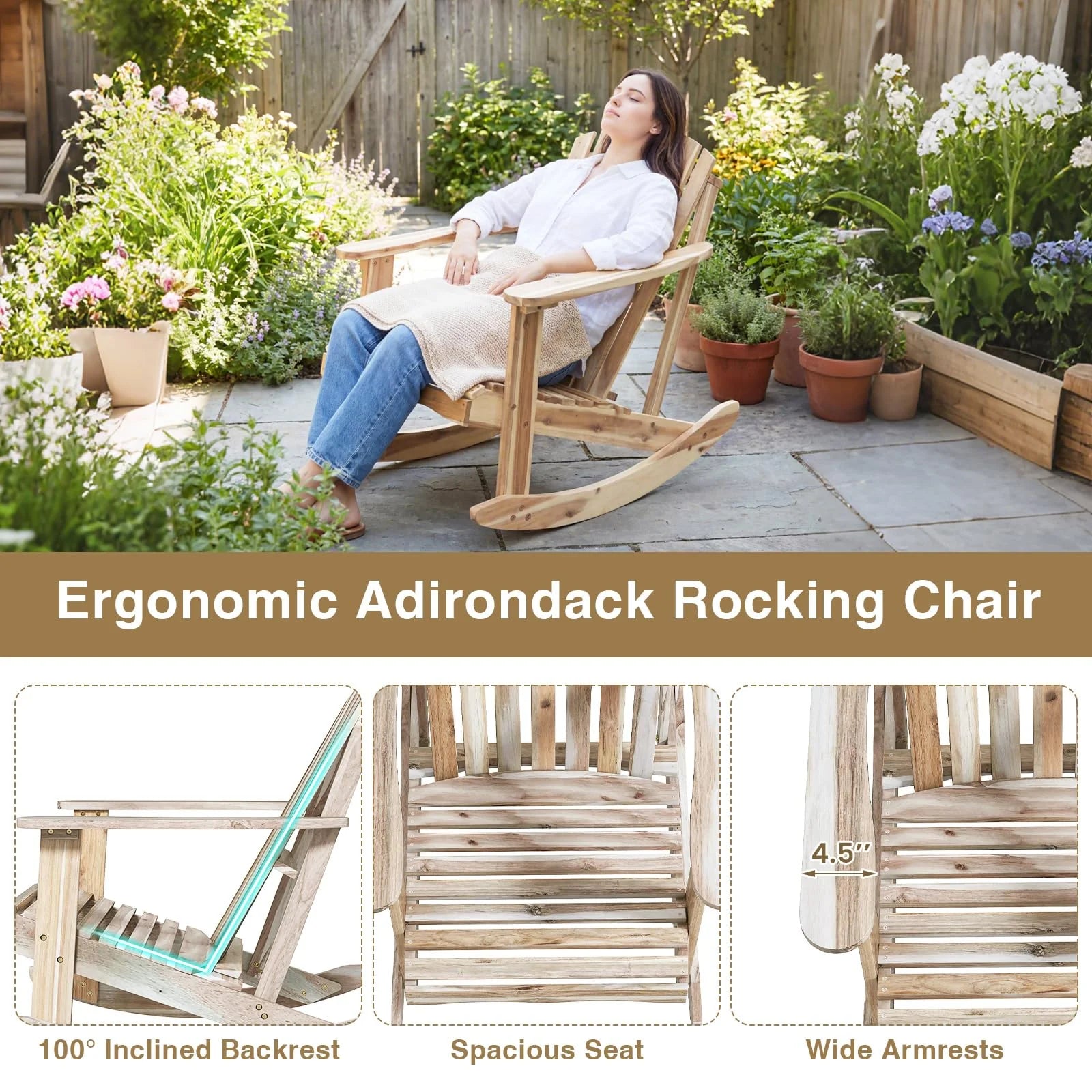 Tangkula Adirondack Rocking Chair with Slatted Seat and High Fanned Back - Product image 6