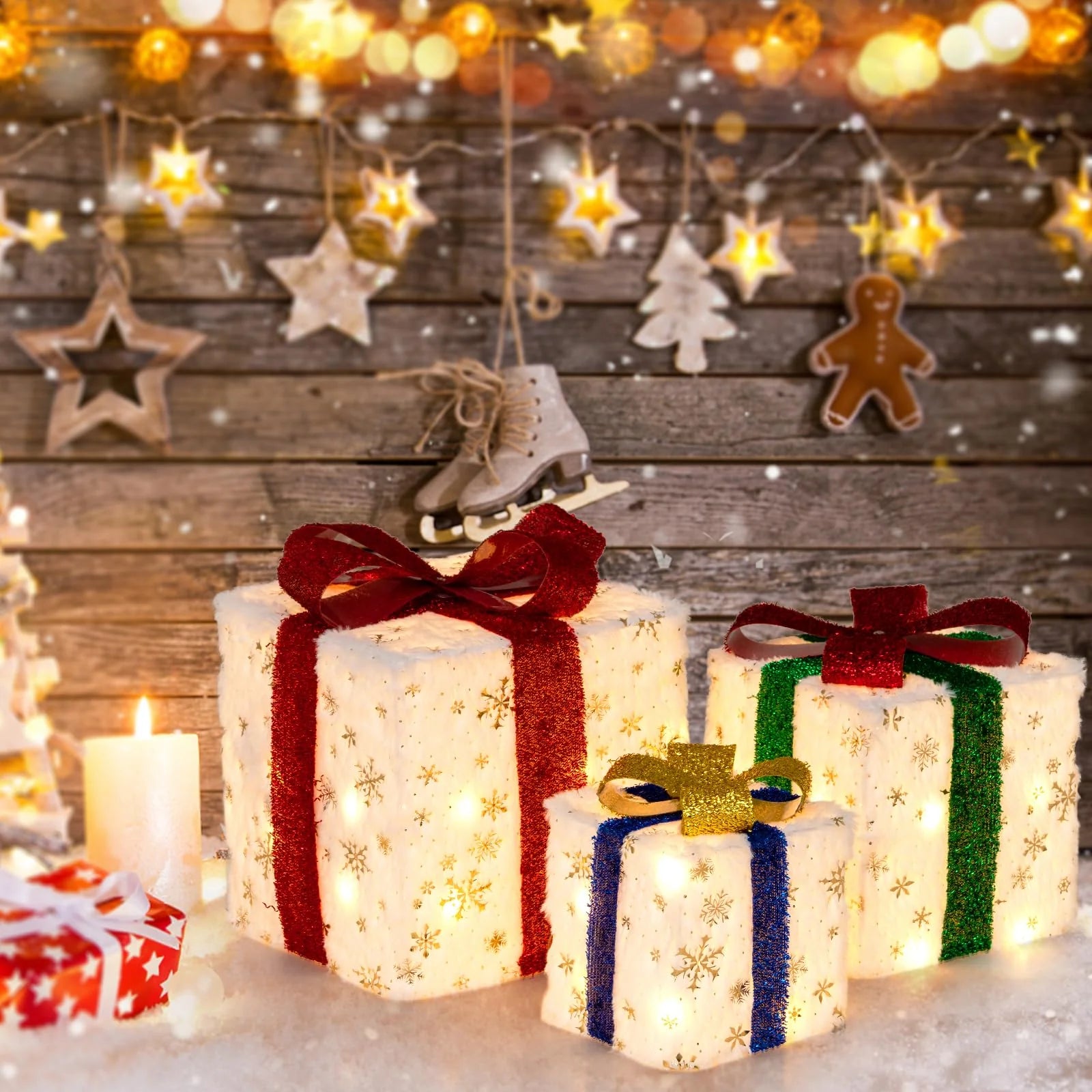 Tangkula Set of 3 Christmas Lighted Gift Boxes, Pre-lit Christmas Decoration with 48 Bright Warm Lights - Product image 1