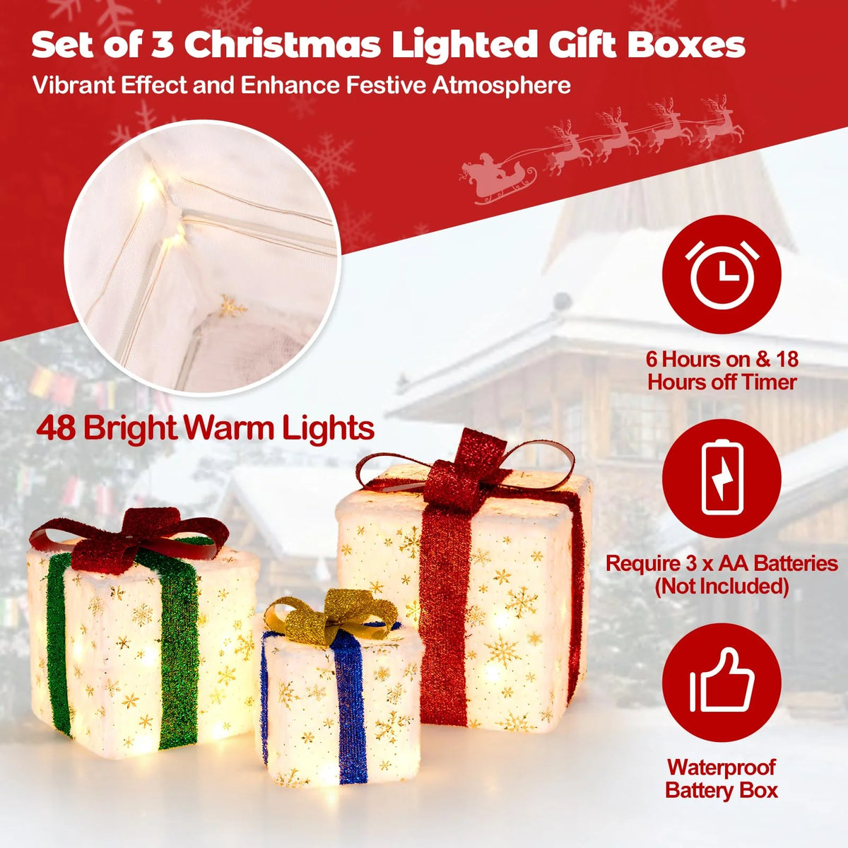 Tangkula Set of 3 Christmas Lighted Gift Boxes, Pre-lit Christmas Decoration with 48 Bright Warm Lights - Product image 6