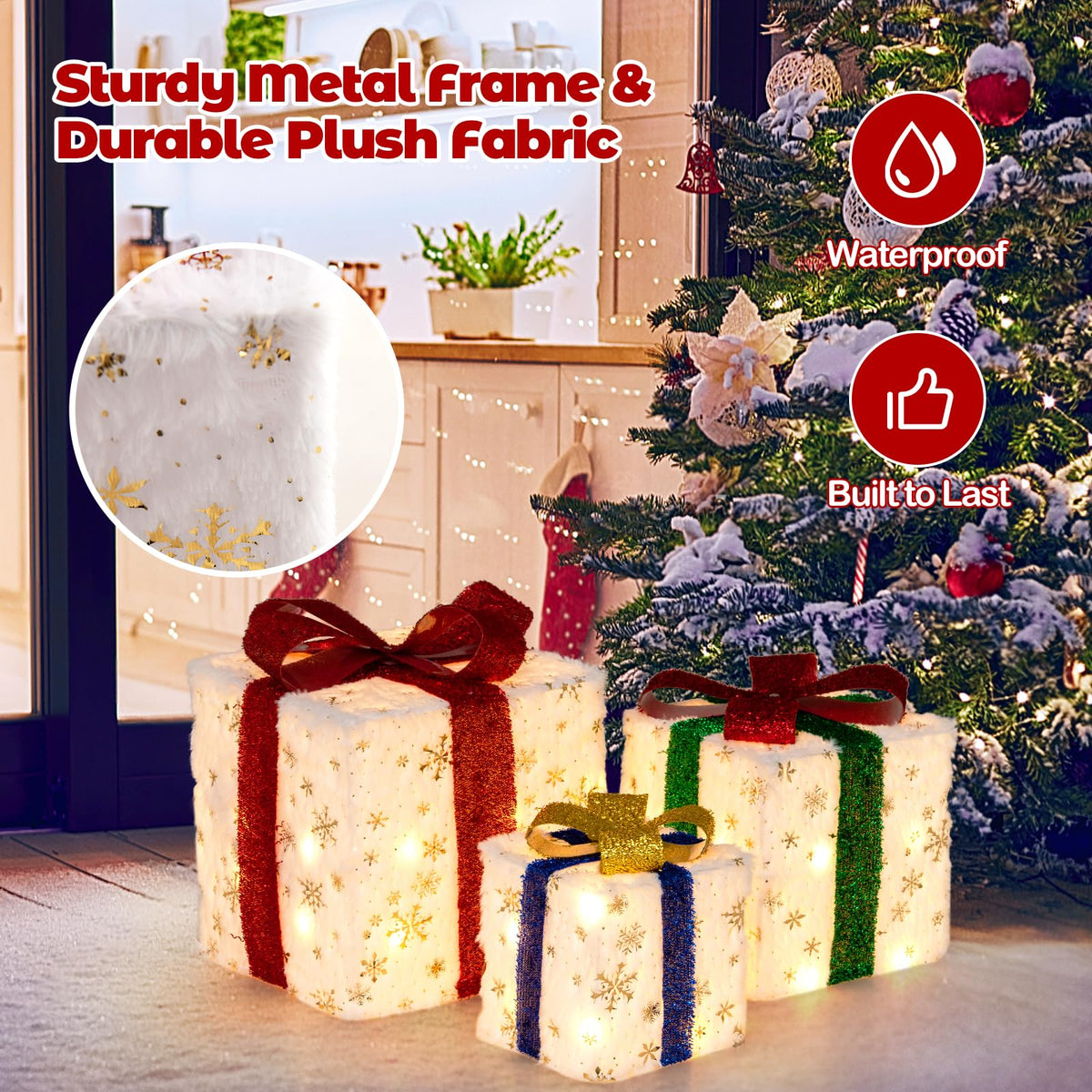 Tangkula Set of 3 Christmas Lighted Gift Boxes, Pre-lit Christmas Decoration with 48 Bright Warm Lights - Product image 2