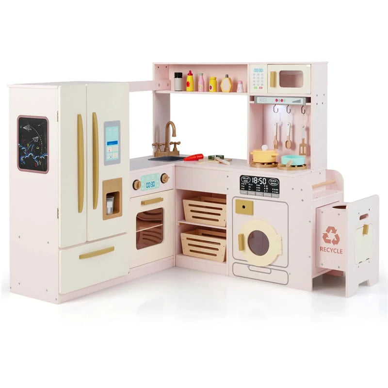 Corner Kids Kitchen Playset with Trash Can, Real Lights & Sounds, 2-Door Fridge, 22 Accessories - Product image 11