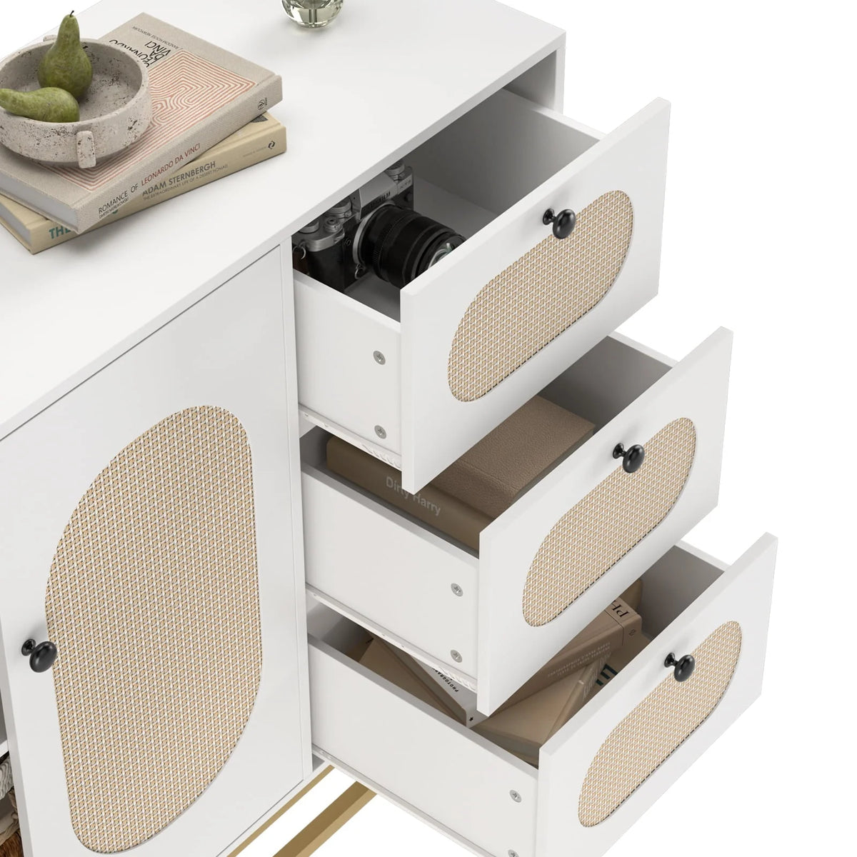 Homfa 3 Drawers Accent Storage Cabinet, 34.2"h Gold Buffet Sideboard with Rattan Doors for Living Room - Product image 8