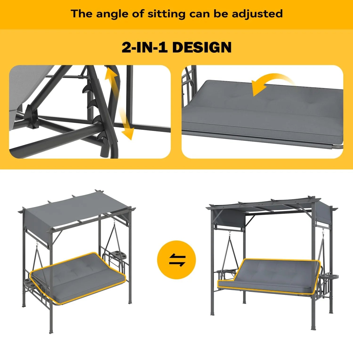 AECOJOY 2-in-1 Convertible Porch Swing Bed 3 Seat, Outdoor Patio Metal Pergola Swing - Product image 5