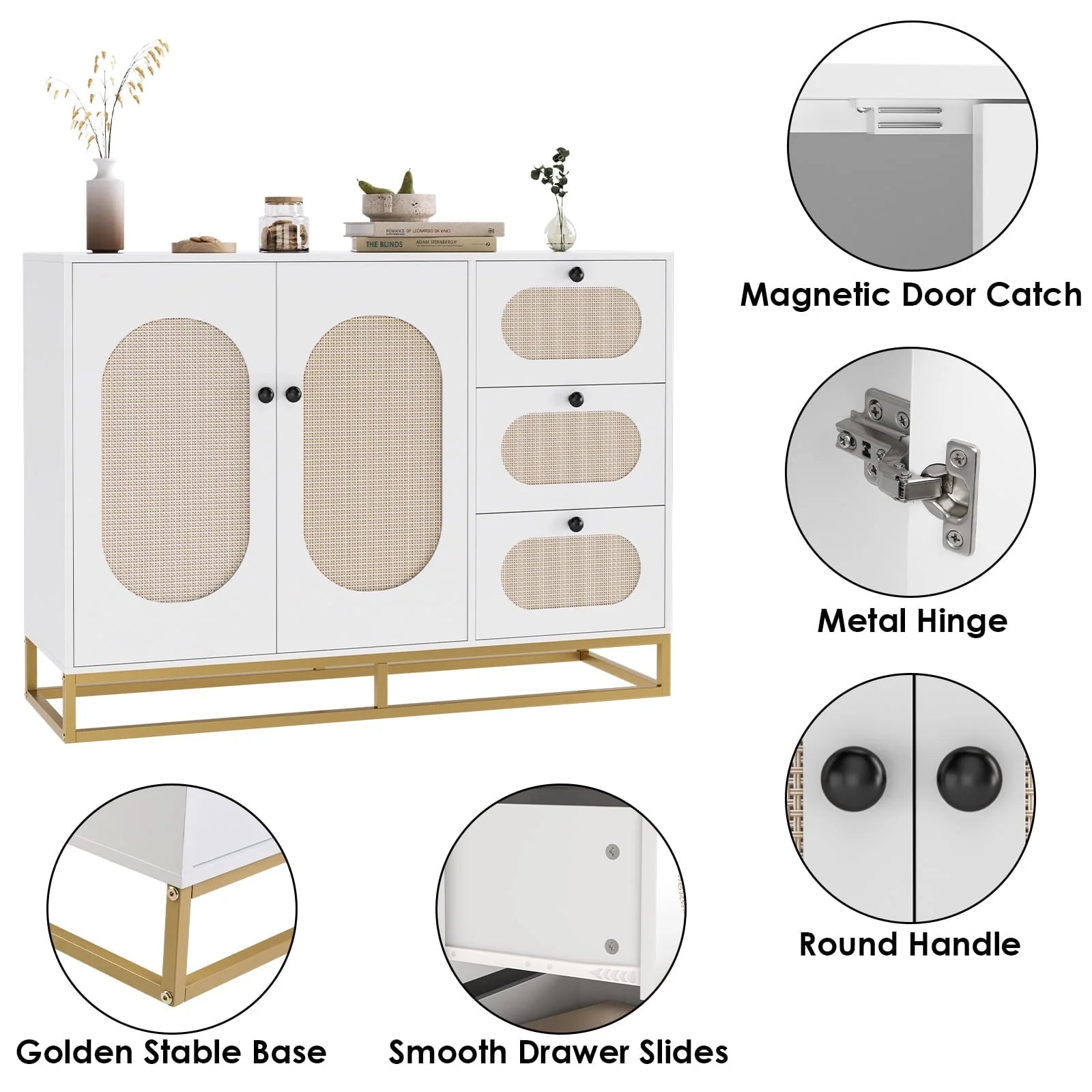 Homfa 3 Drawers Accent Storage Cabinet, 34.2"h Gold Buffet Sideboard with Rattan Doors for Living Room - Product image 9