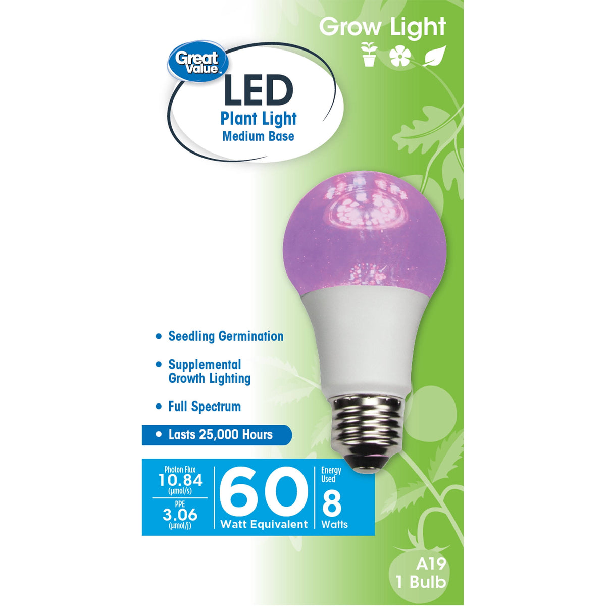 Great Value LED Light Bulb, 8W (60W Equivalent) A19 Grow Light E26 Medium Base, Non-Dimmable, Large Plant - Product image 1