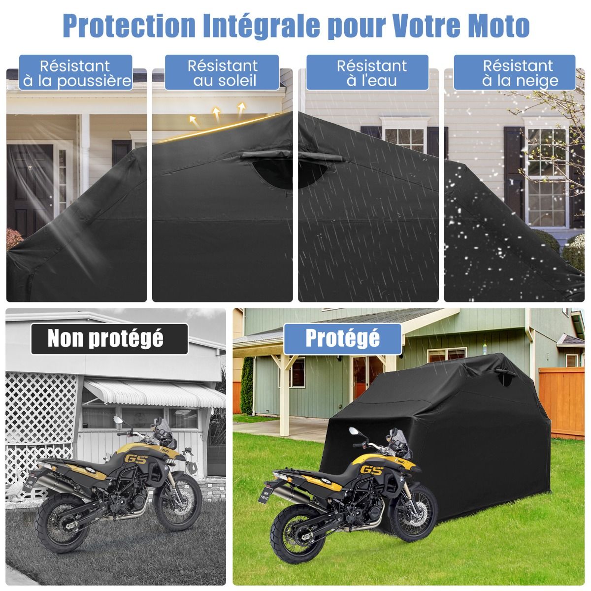 Outdoor Motorcycle Shelter Motorcycle Tent with Oxford Fabric Cover Roll-up Mesh Windows Waterproof Outdoor Motorcycle Cover for Motorcycle Bikes Tools Black -