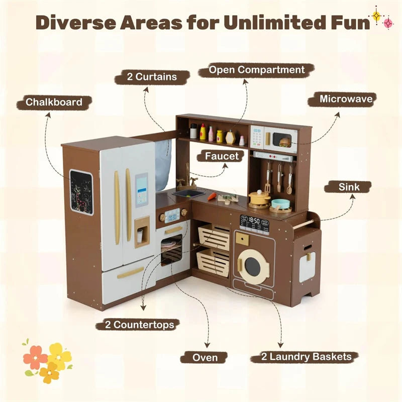 Corner Kids Kitchen Playset with Trash Can, Real Lights & Sounds, 2-Door Fridge, 22 Accessories - Product image 27