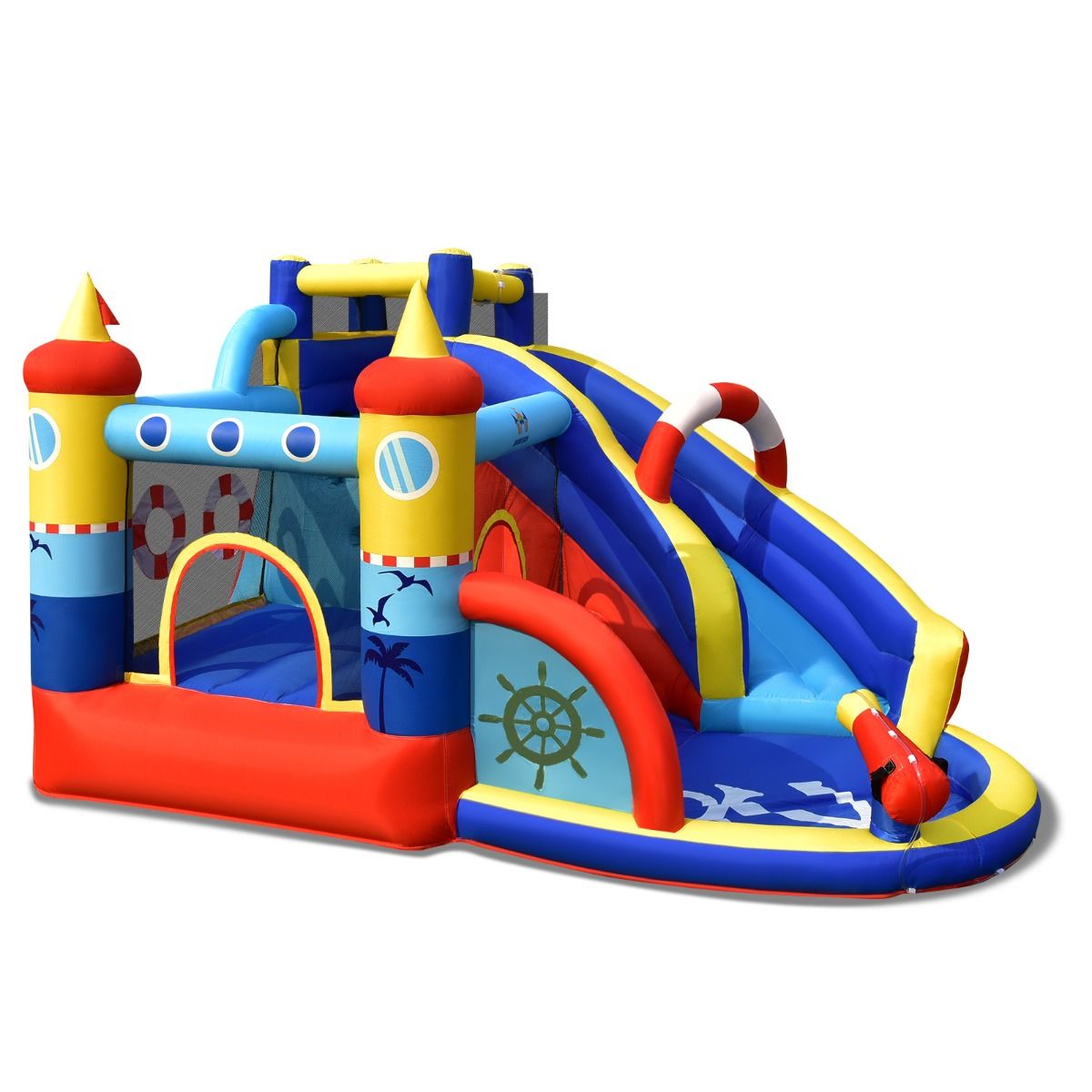 Boat Style Inflatable Castle with Curved Slide Jumping Zone Climbing Wall with 450 W Inflator -
