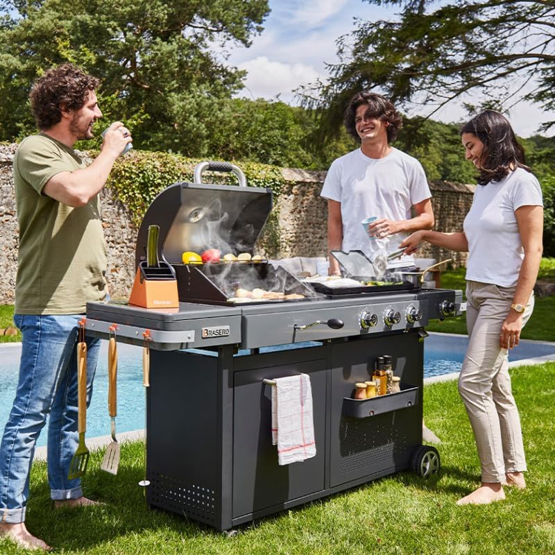 BRASERO - Bi-Energy Gun Metal XL Barbecue - Charcoal Barbecue and Plancha 60 x 42 cm Gas Barbecue with Side Burner -12.95 KW
