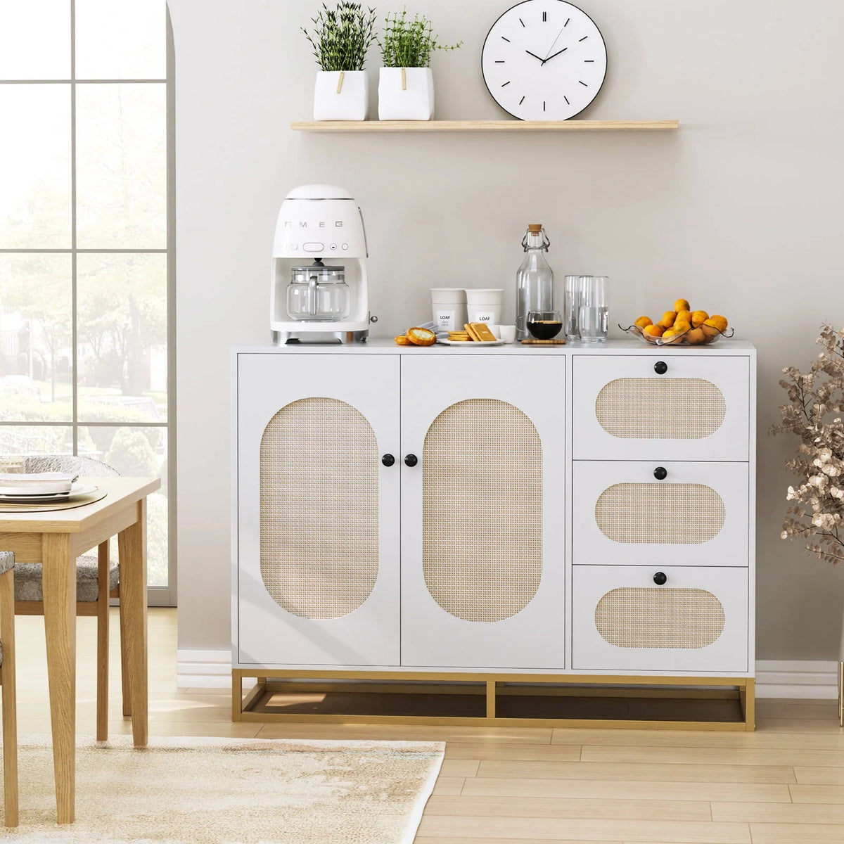 Homfa 3 Drawers Accent Storage Cabinet, 34.2"h Gold Buffet Sideboard with Rattan Doors for Living Room - Product image 5