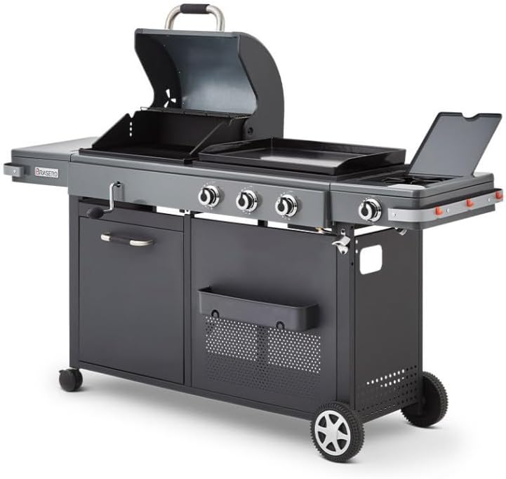 BRASERO - Bi-Energy Gun Metal XL Barbecue - Charcoal Barbecue and Plancha 60 x 42 cm Gas Barbecue with Side Burner -12.95 KW