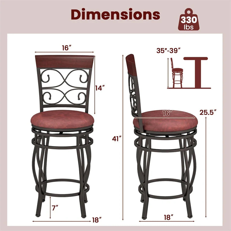 26" Vintage Swivel Bar Stools Set of 2, Counter Height Metal Barstools with Back & Upholstered PU Leather Padded Seat for Pub, Kitchen Island