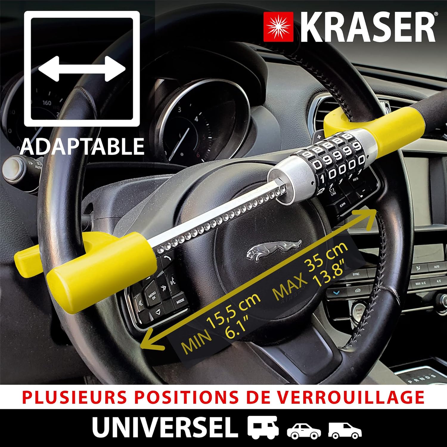 KRASER KR940B Car Anti-theft with Maximum Security Code, Yellow Rod More Visible and Deterrent, Robust Steering Wheel Lock with Emergency Hammer, Universal Anti-Theft Bar Block for Car, Motorhome
