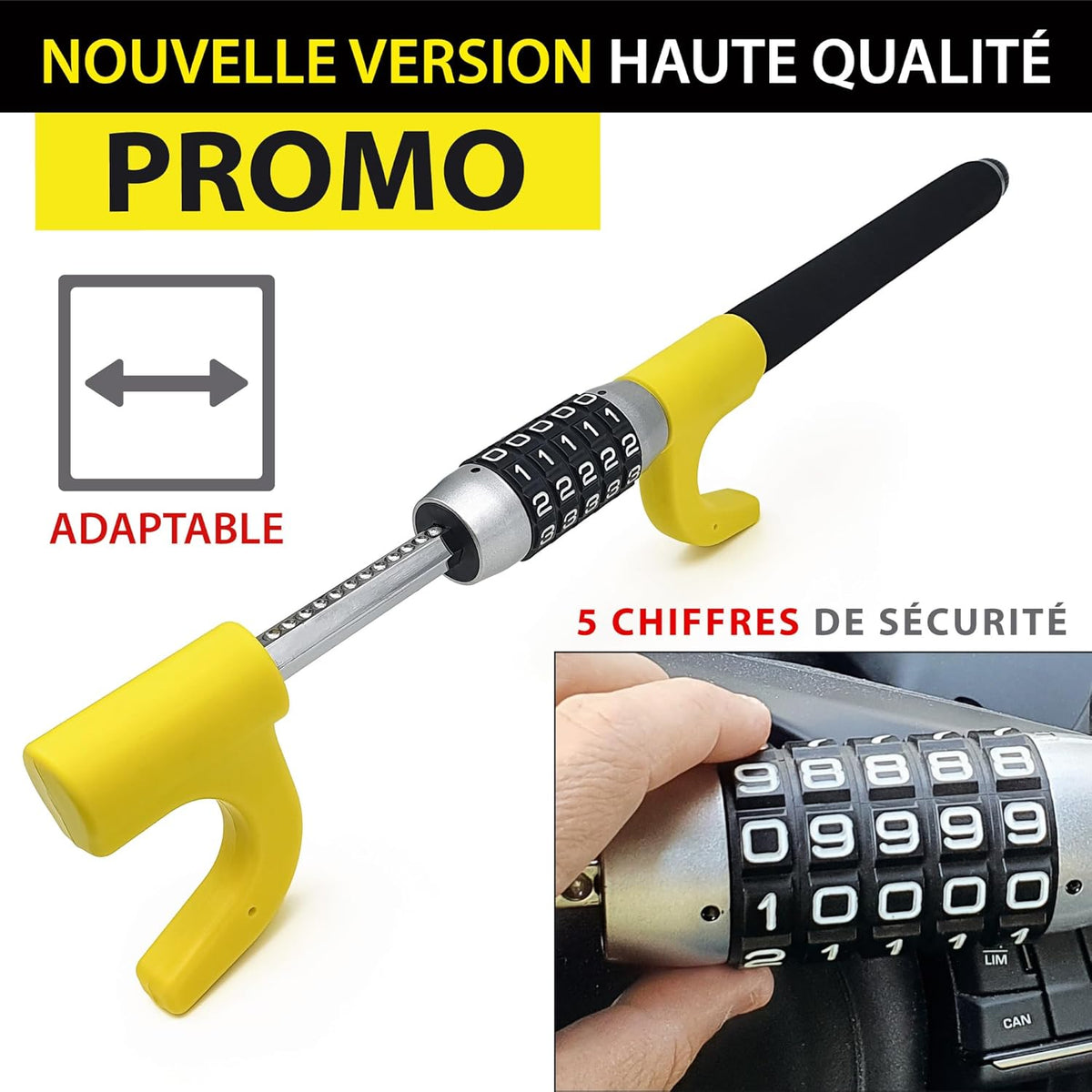 KRASER KR940B Car Anti-theft with Maximum Security Code, Yellow Rod More Visible and Deterrent, Robust Steering Wheel Lock with Emergency Hammer, Universal Anti-Theft Bar Block for Car, Motorhome