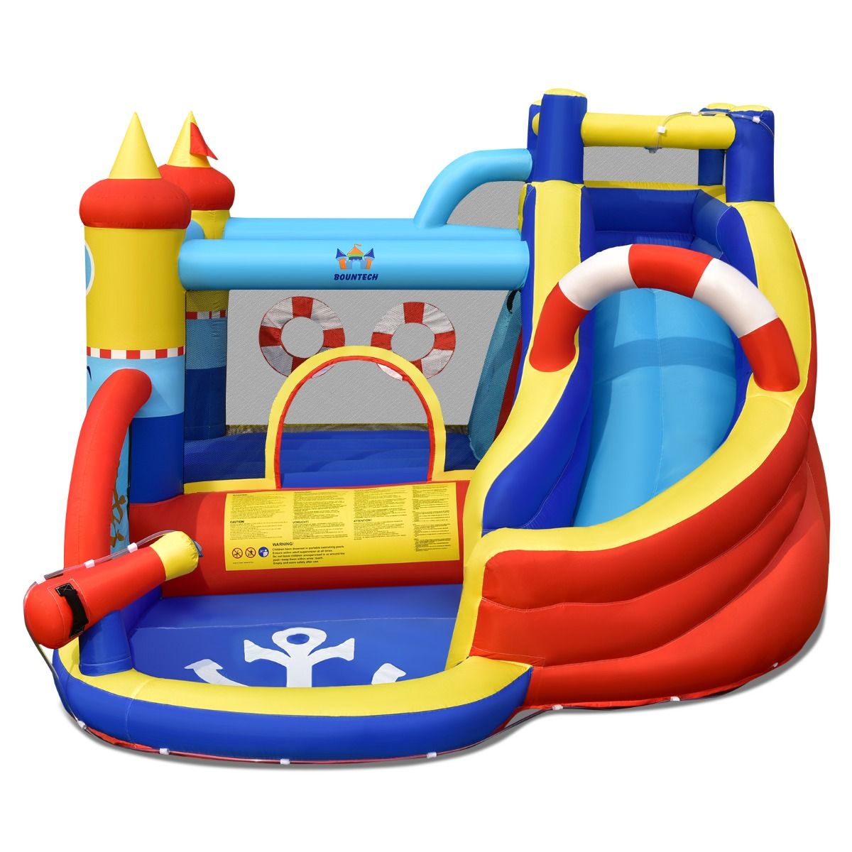 Boat Style Inflatable Castle with Curved Slide Jumping Zone Climbing Wall with 450 W Inflator -