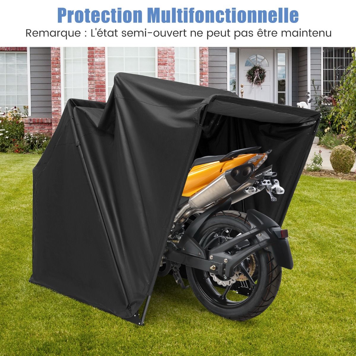 Outdoor Motorcycle Shelter Motorcycle Tent with Oxford Fabric Cover Roll-up Mesh Windows Waterproof Outdoor Motorcycle Cover for Motorcycle Bikes Tools Black -