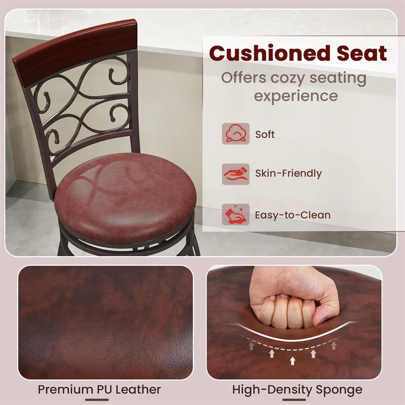26" Vintage Swivel Bar Stools Set of 2, Counter Height Metal Barstools with Back & Upholstered PU Leather Padded Seat for Pub, Kitchen Island
