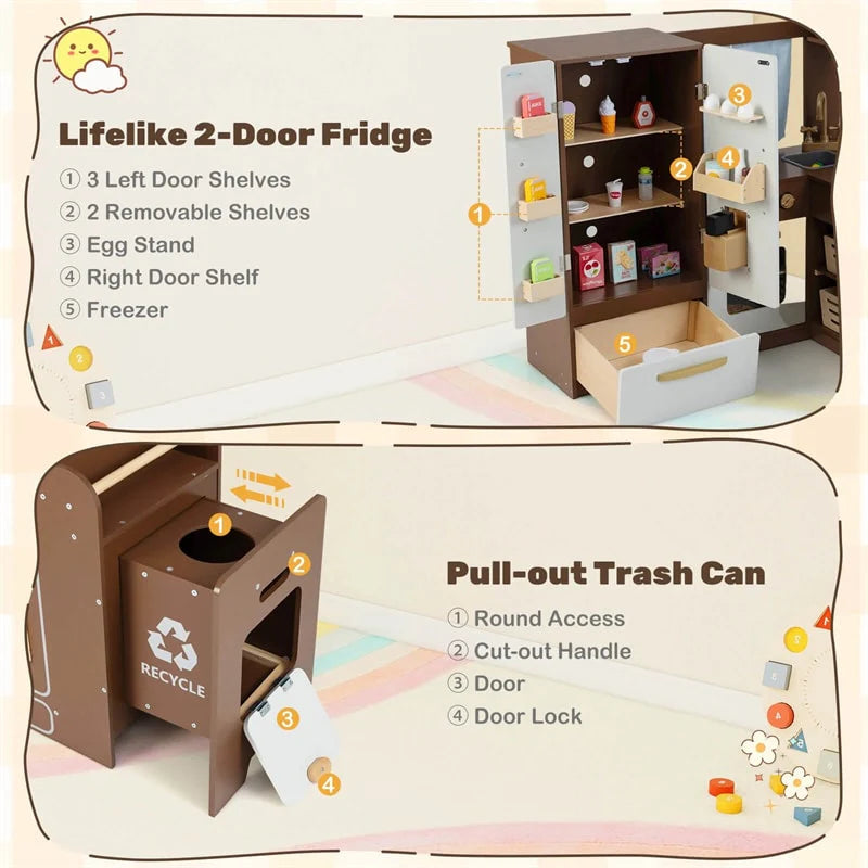 Corner Kids Kitchen Playset with Trash Can, Real Lights & Sounds, 2-Door Fridge, 22 Accessories - Product image 25